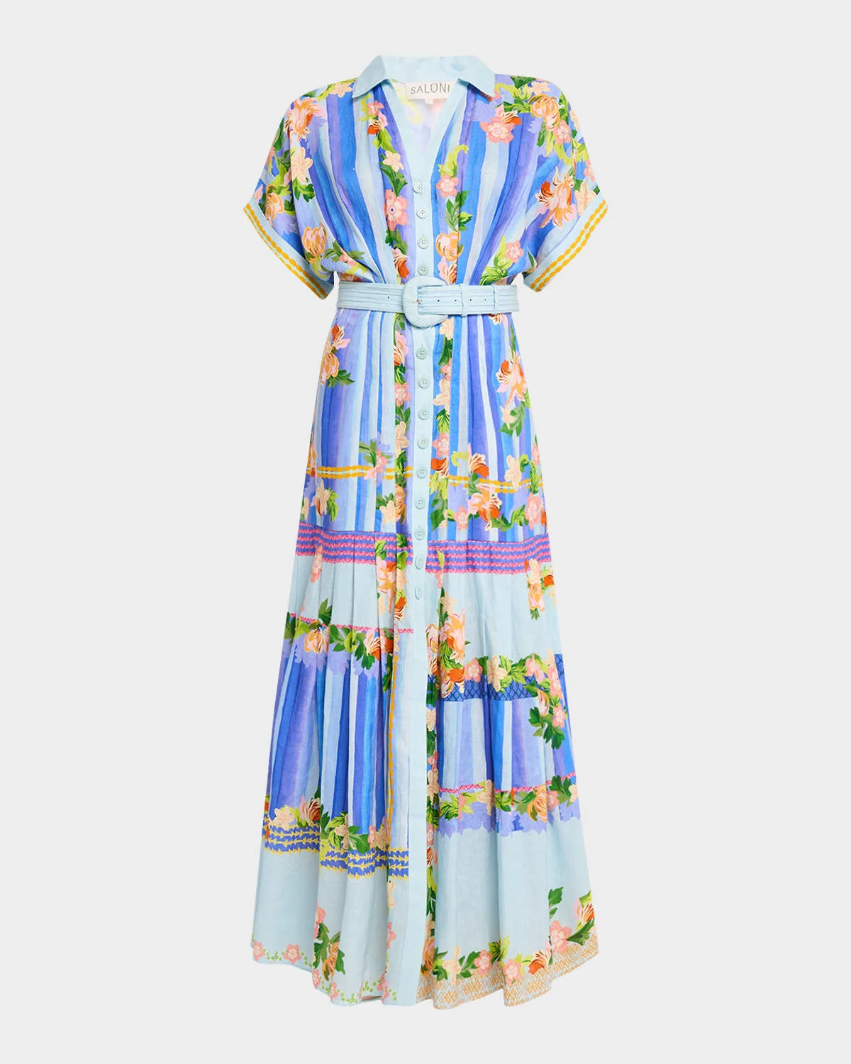 Riya-B Belted Floral Linen Maxi Shirt Dress - 1