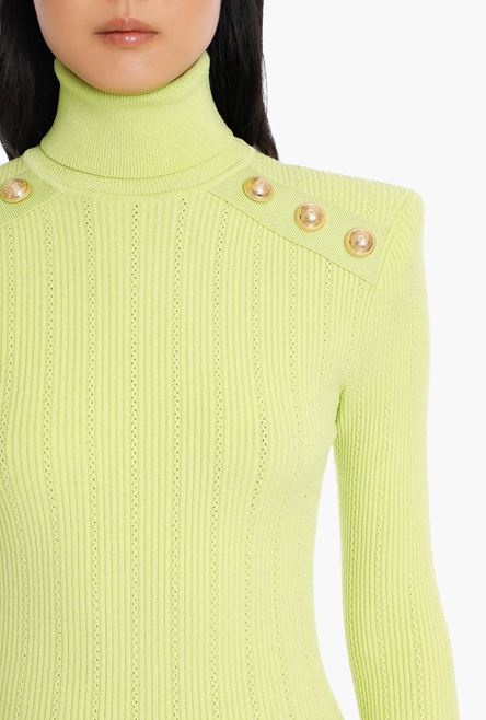 Lime green knit sweater with gold-tone buttons - 6
