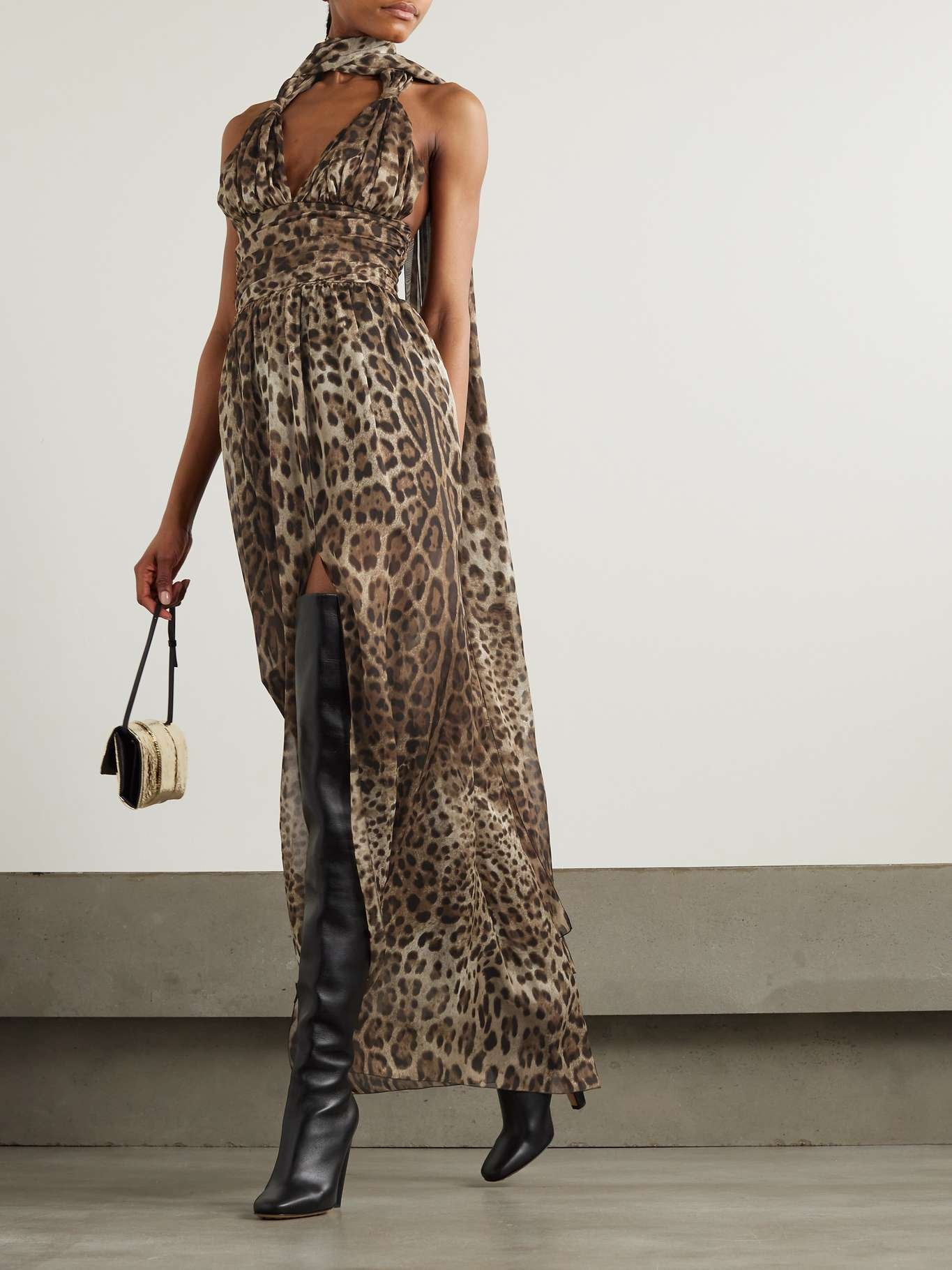 Scarf-detailed smocked leopard-print silk-chiffon gown - 2