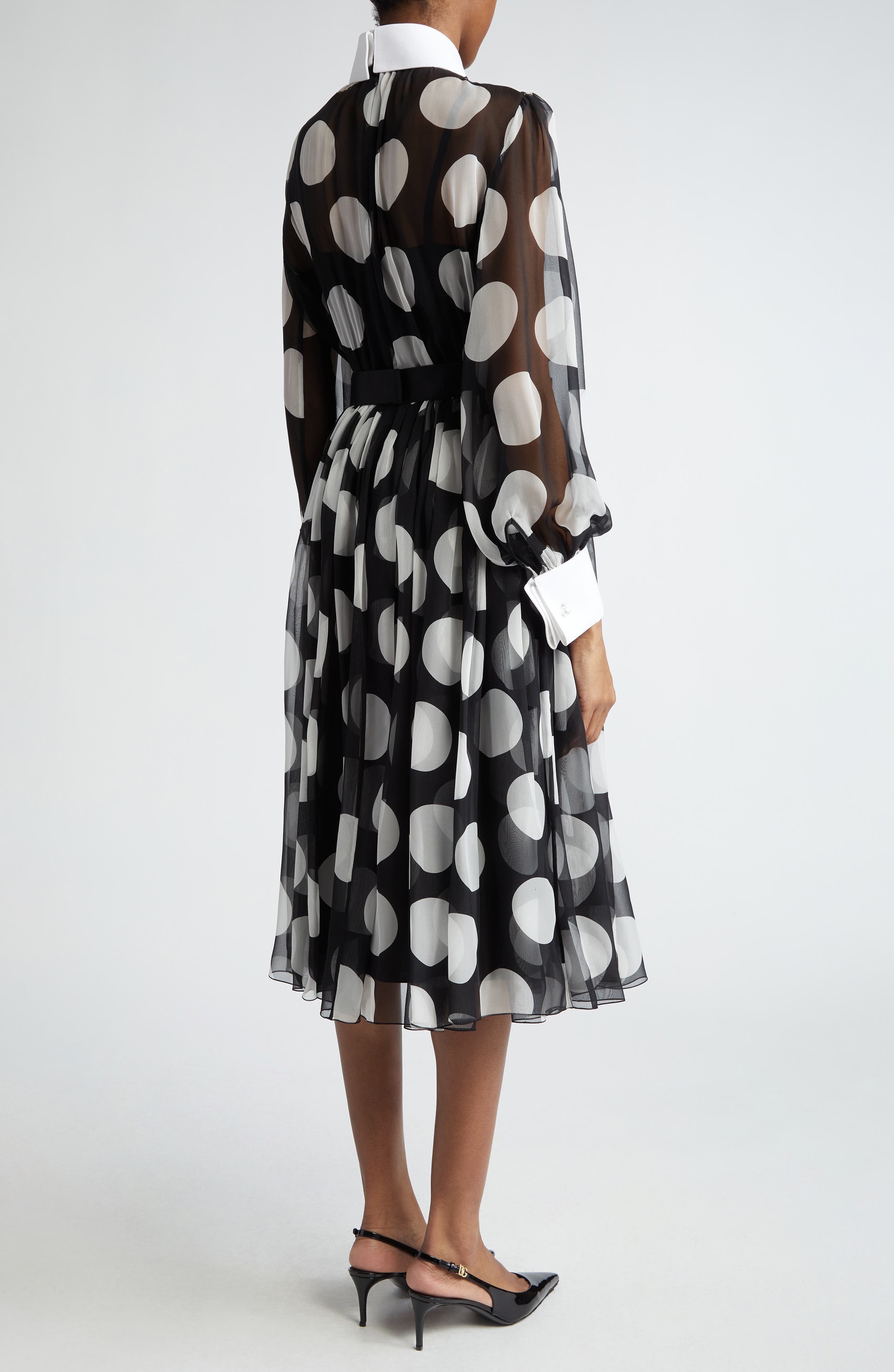 Polka Dot Long Sleeve Belted Chiffon Midi Dress - 2