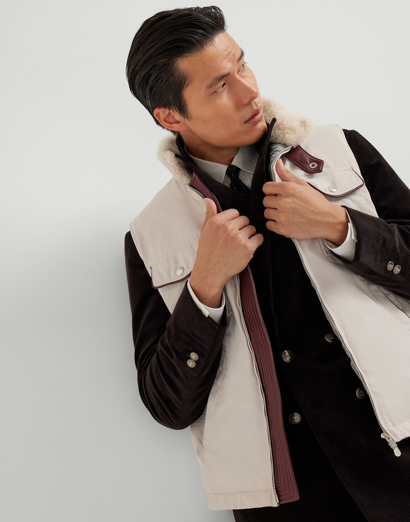 Techno satin down vest with leather details and detachable shearling collar 4
