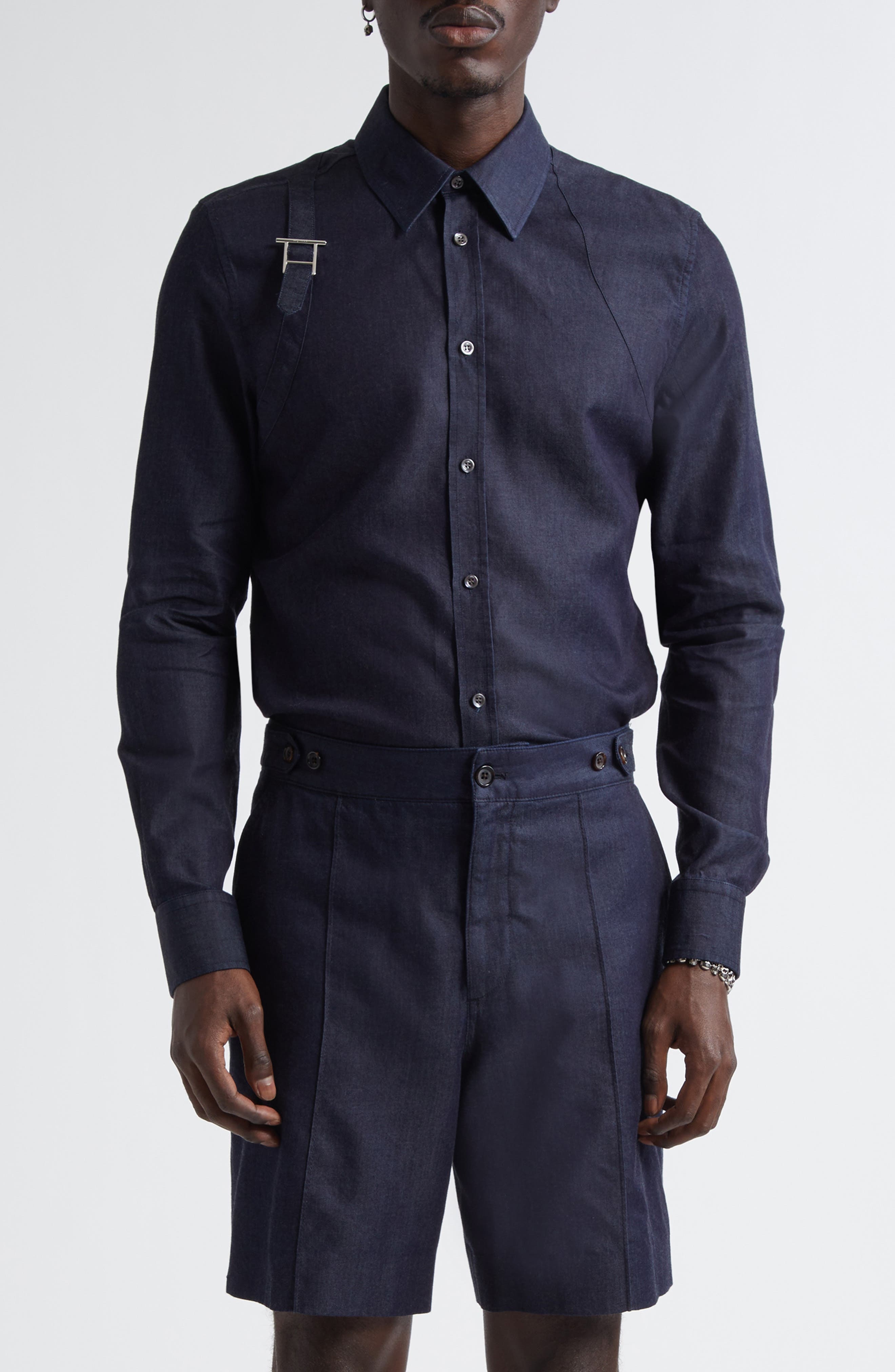 McQueen T-Bar Harness Denim Button-Up Shirt in Indigo at Nordstrom - 1