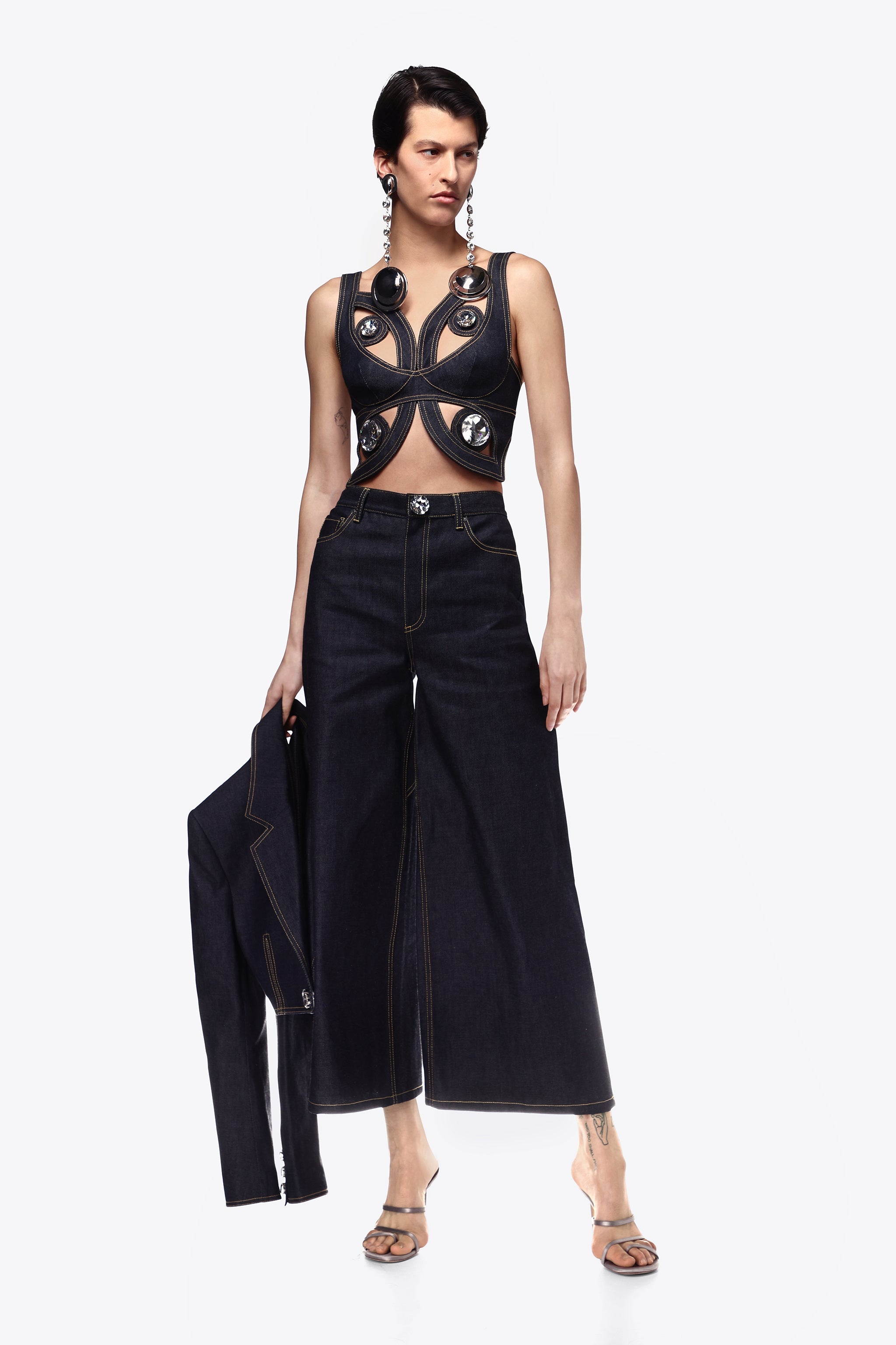 BUTTERFLY CUTOUT RAW DENIM TOP - 3