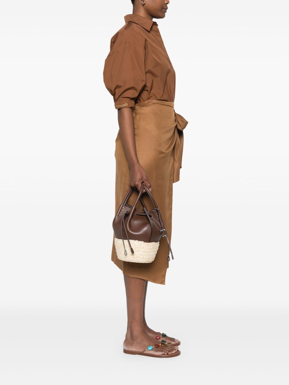 mini straw leather bucket bag - 2