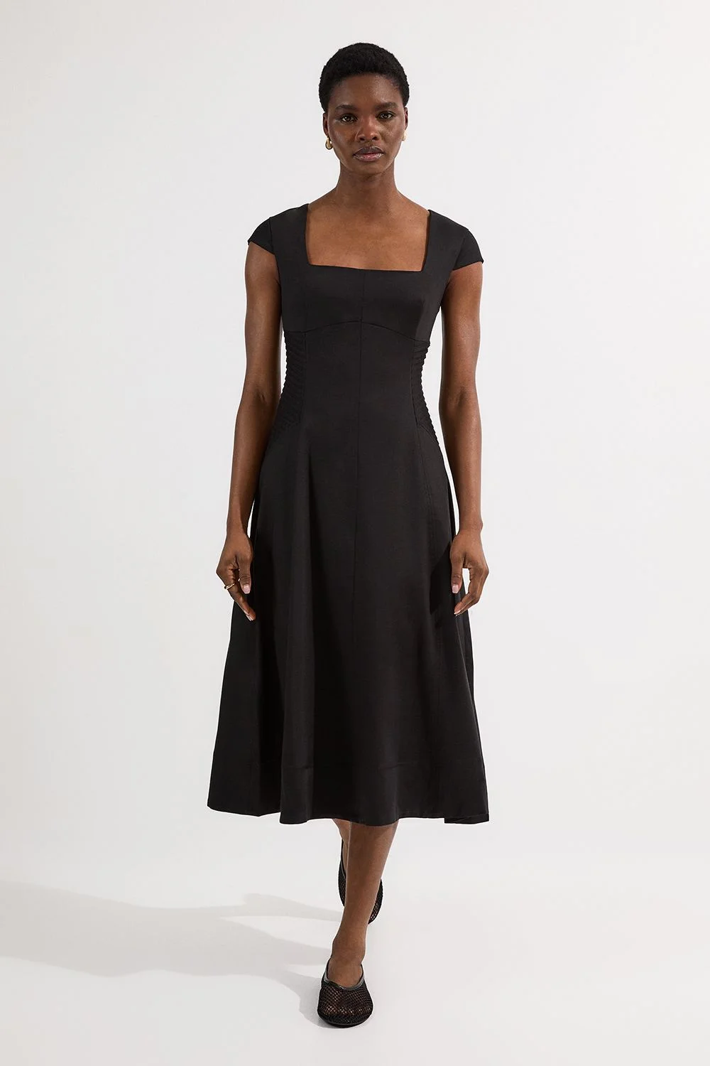 Petite Premium Linen Pintuck Detail Full Skirted Tailored Midi Dress - 1