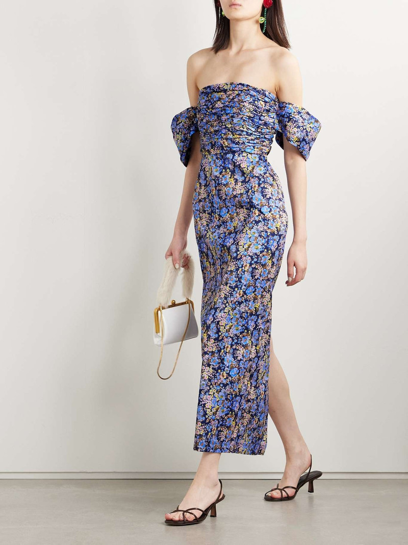KIKA VARGAS Adele off-the-shoulder ruched floral-print taffeta midi dress Purple outlook
