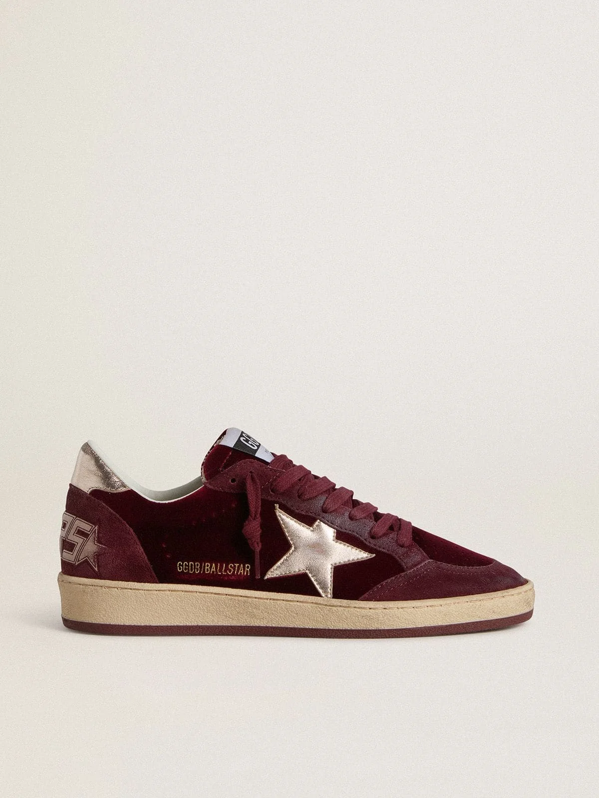 Women's Ball Star in burgundy velvet with gold metallic leather star and heel tab - 1