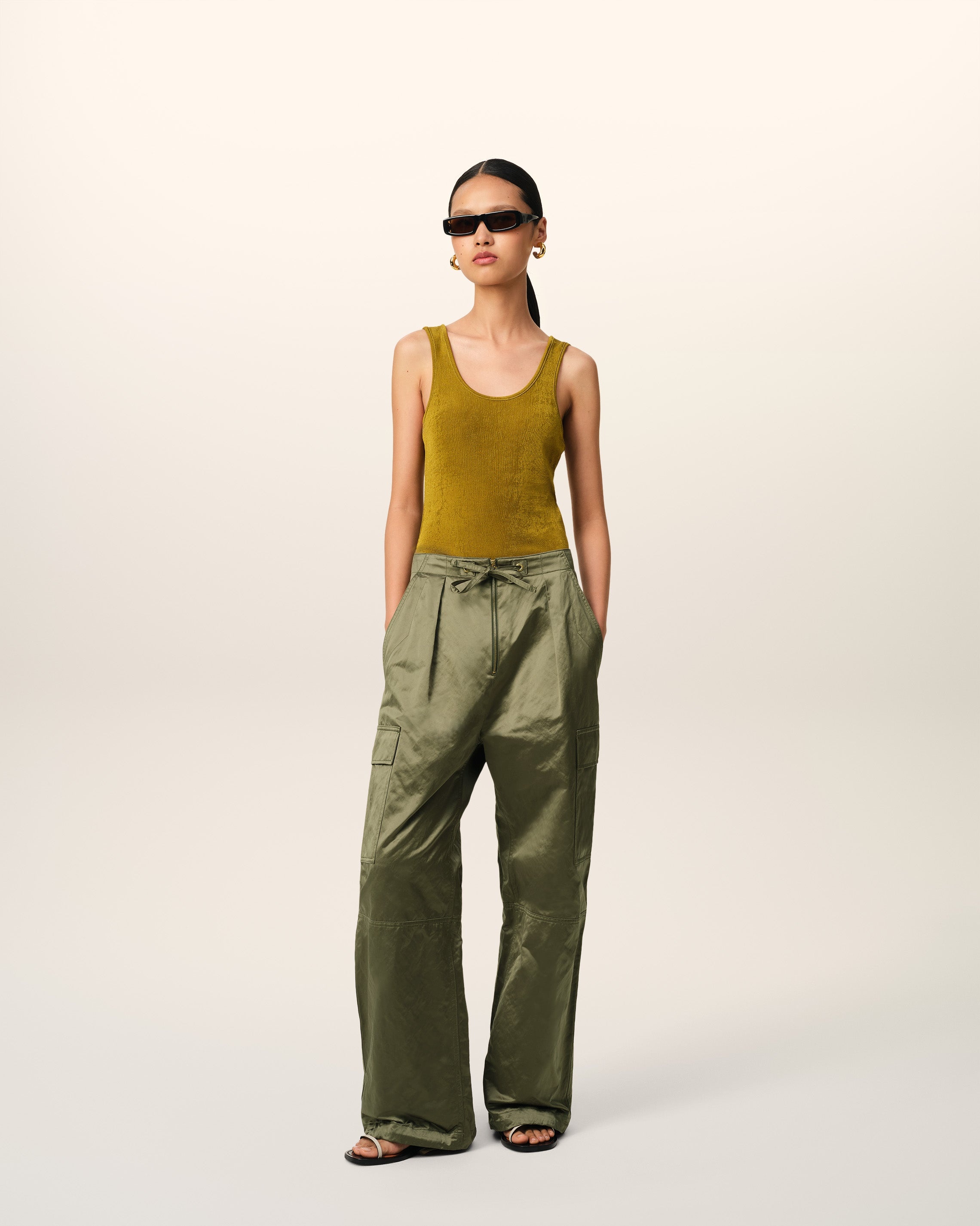 GREEN COTTON SATIN ZIPPED CARGO TROUSERS - 2