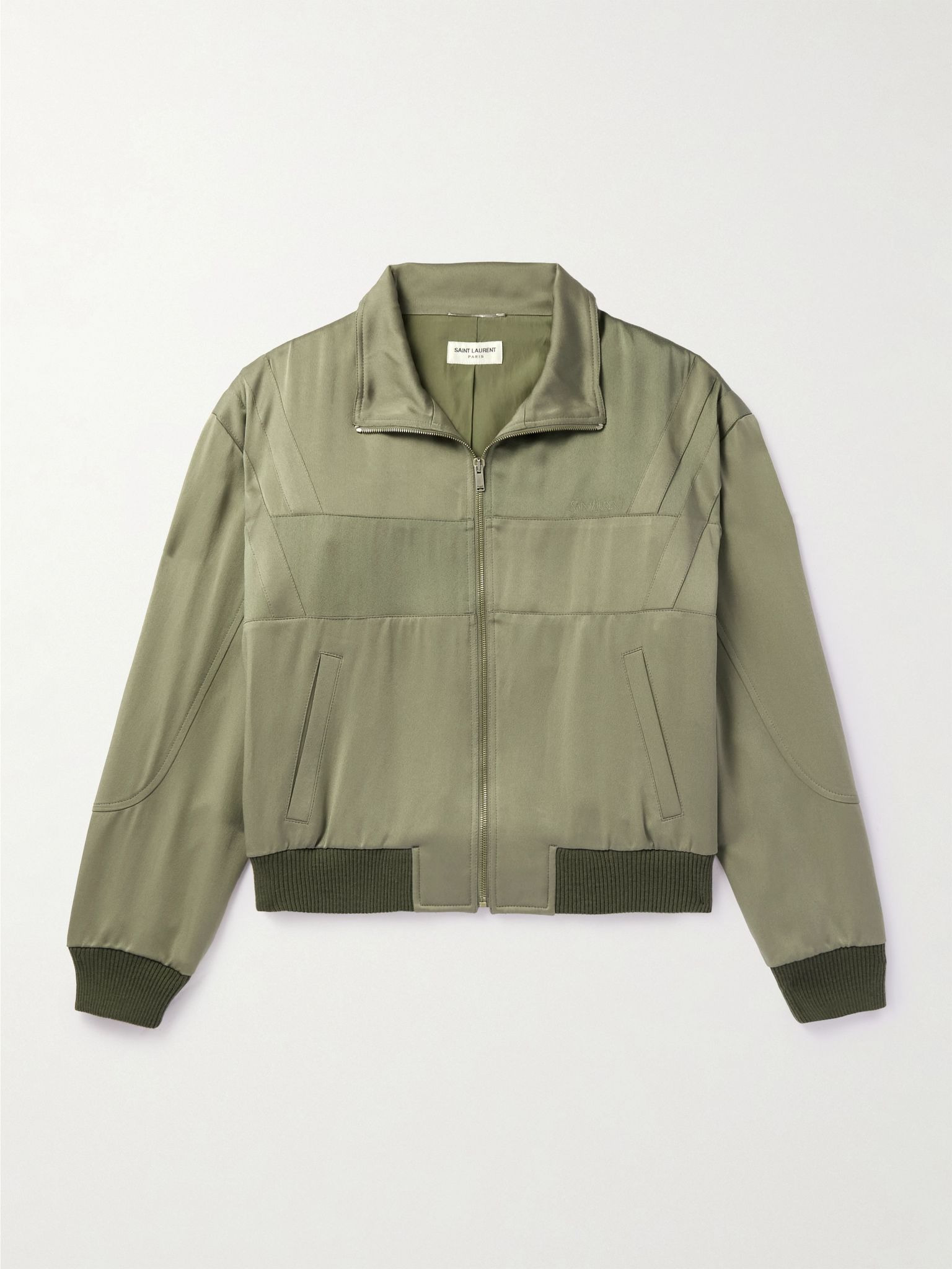 Logo-Embroidered Wool-Trimmed Satin Bomber Jacket Green - 1
