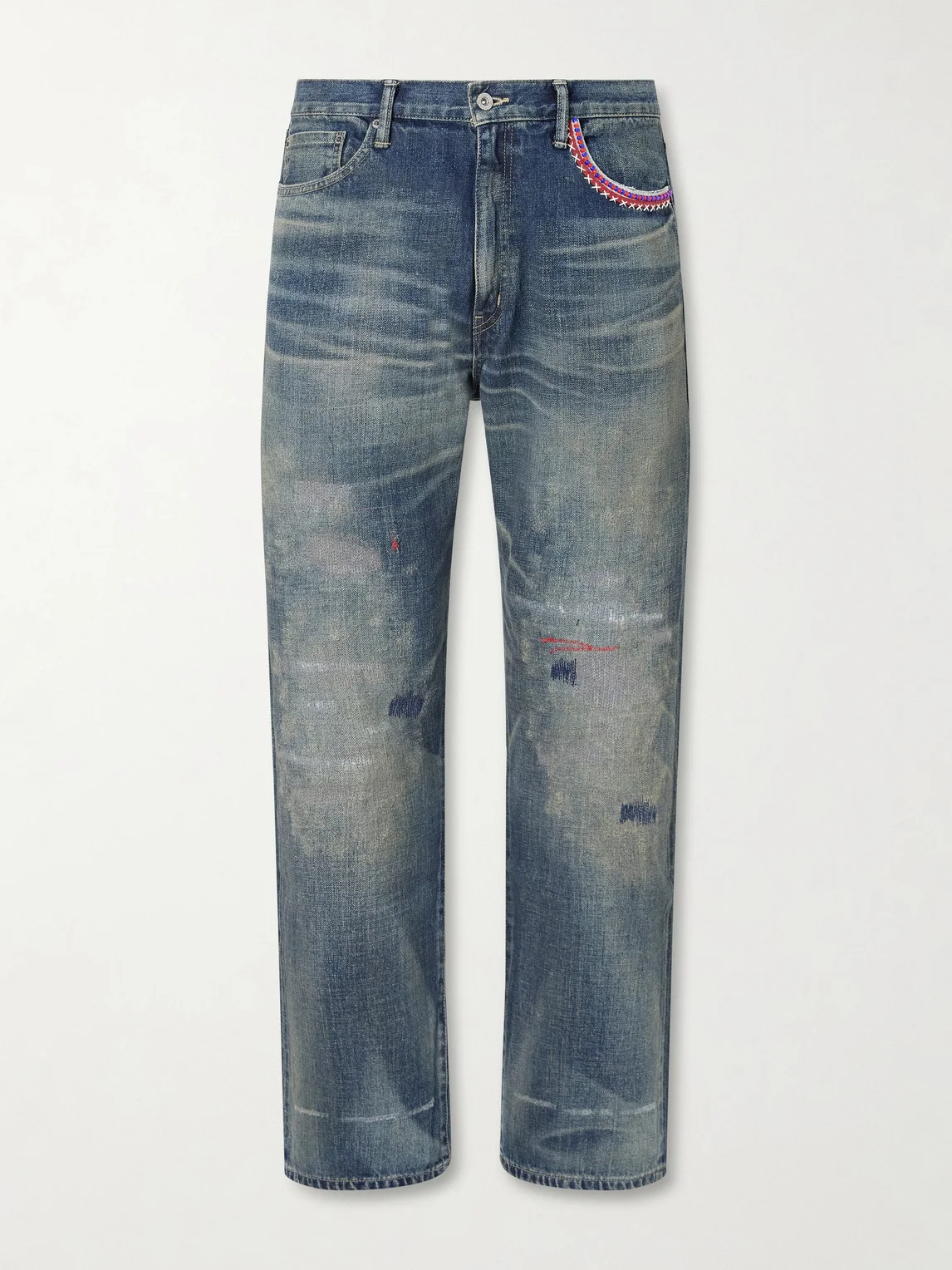 Savage Straight-Leg Bead-Embellished Distressed Jeans - 1