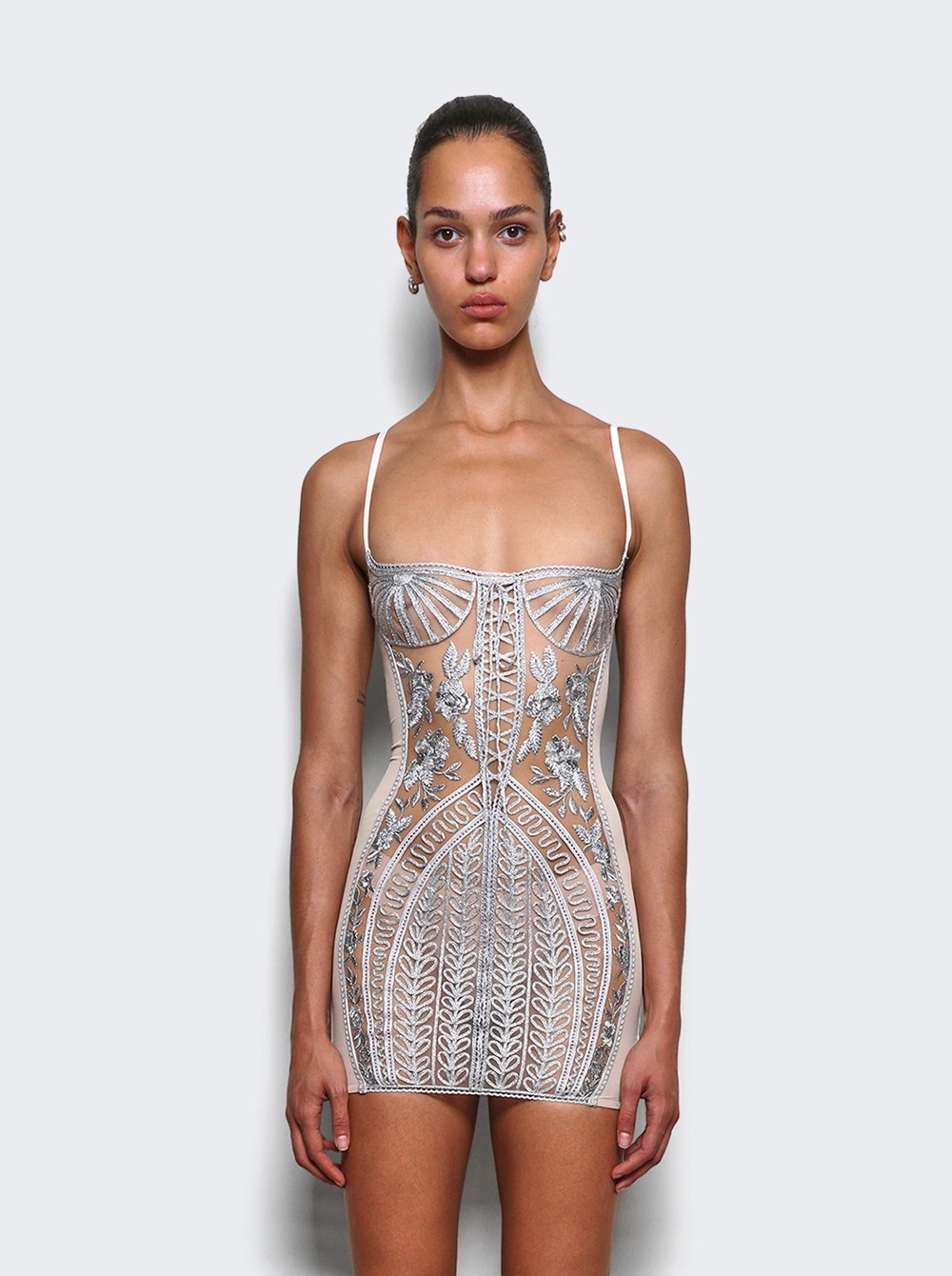 Embroidered Sheer Mini Dress Silver - 3