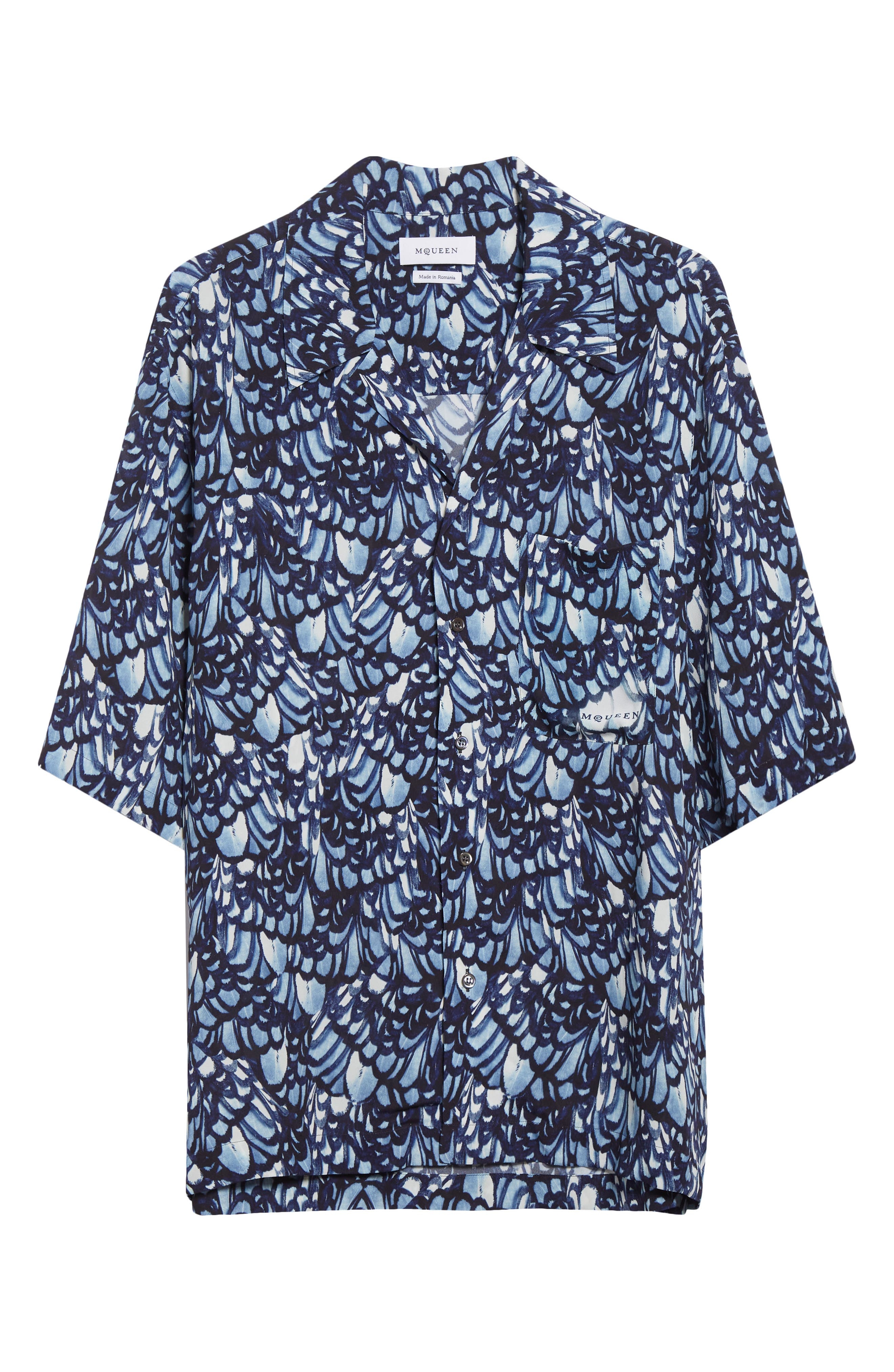 McQueen Feather Print Boxy Camp Shirt in Blue at Nordstrom - 5