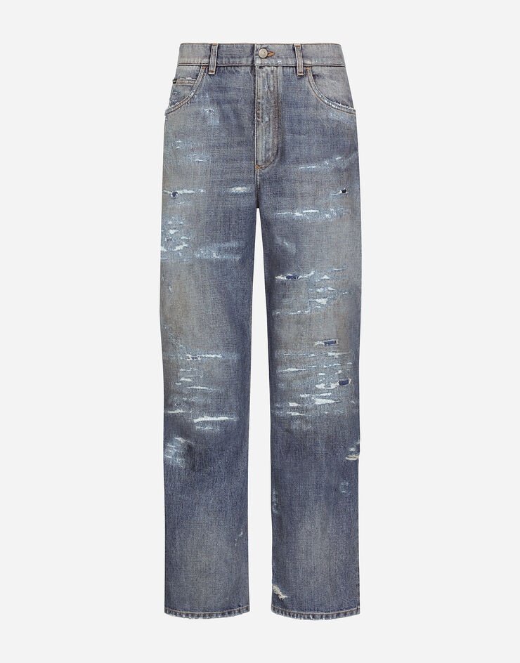 Oversize mid blue wash jeans with abrasions - 3