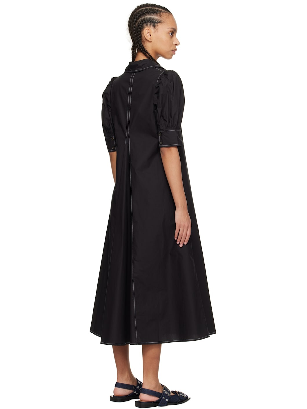 Black Cotton Poplin V-Neck Midi Dress - 3