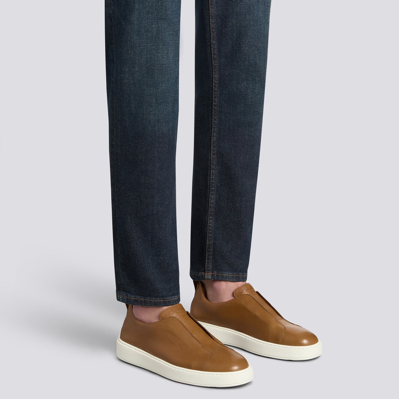 Santoni Men's light brown leather slip-on sneaker outlook