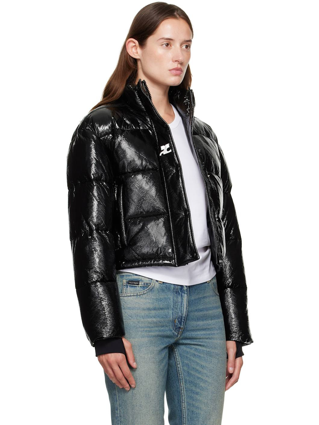 Black Cropped Vinyl Puffer Jacket - 2