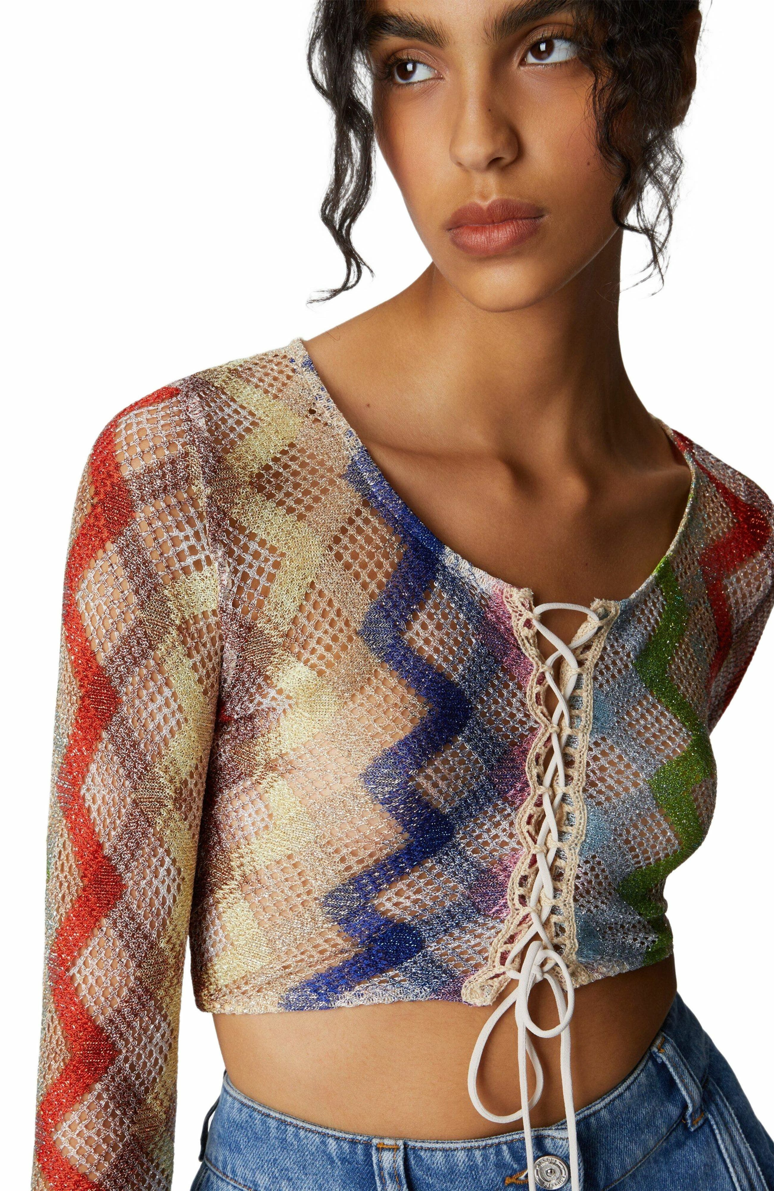 Missoni Long Sleeve Crop Top With Front Tie in Multicoloured at Nordstrom - 3