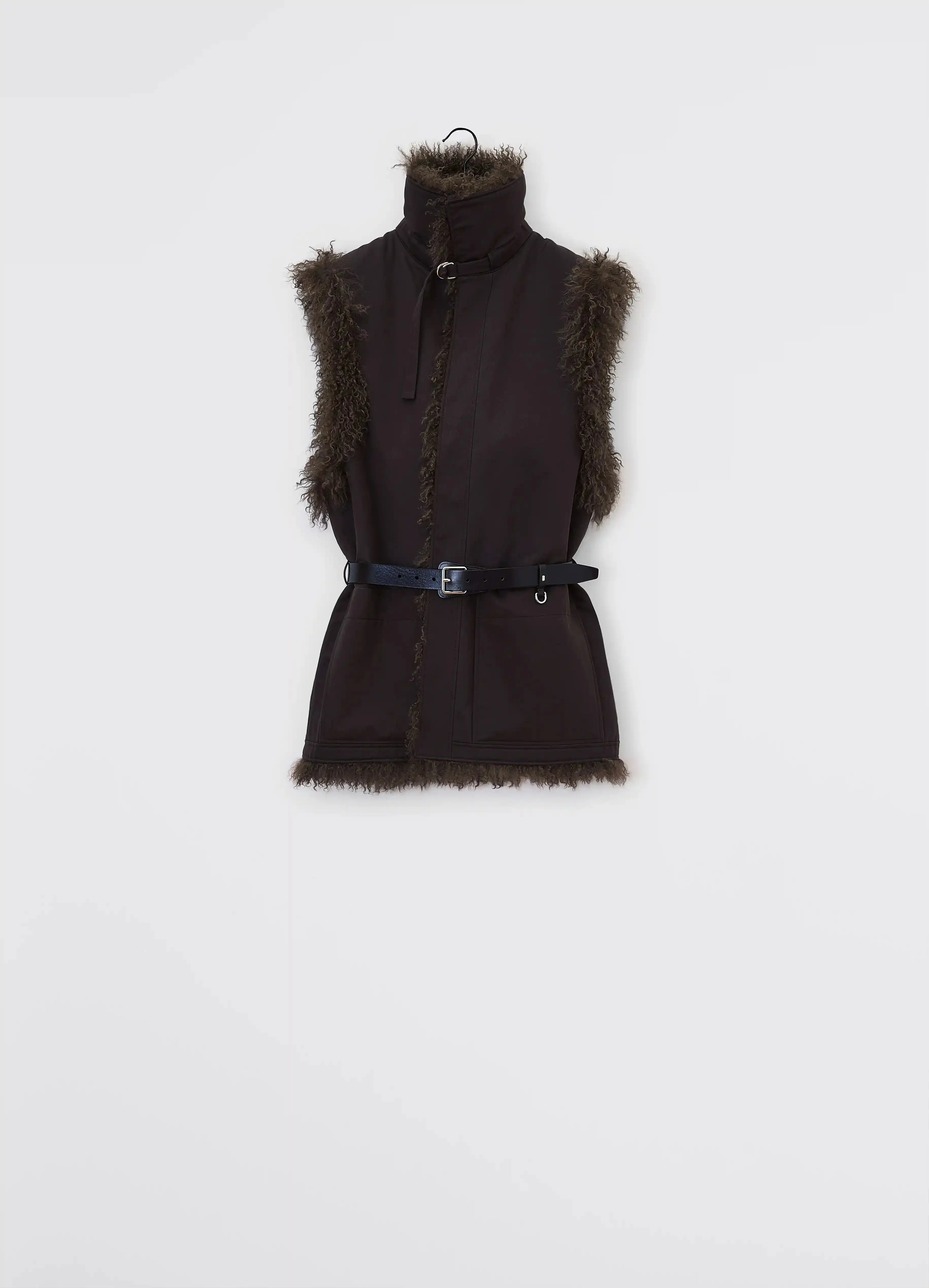 REVERSIBLE BELTED LONG SHEARLING GILET - 1