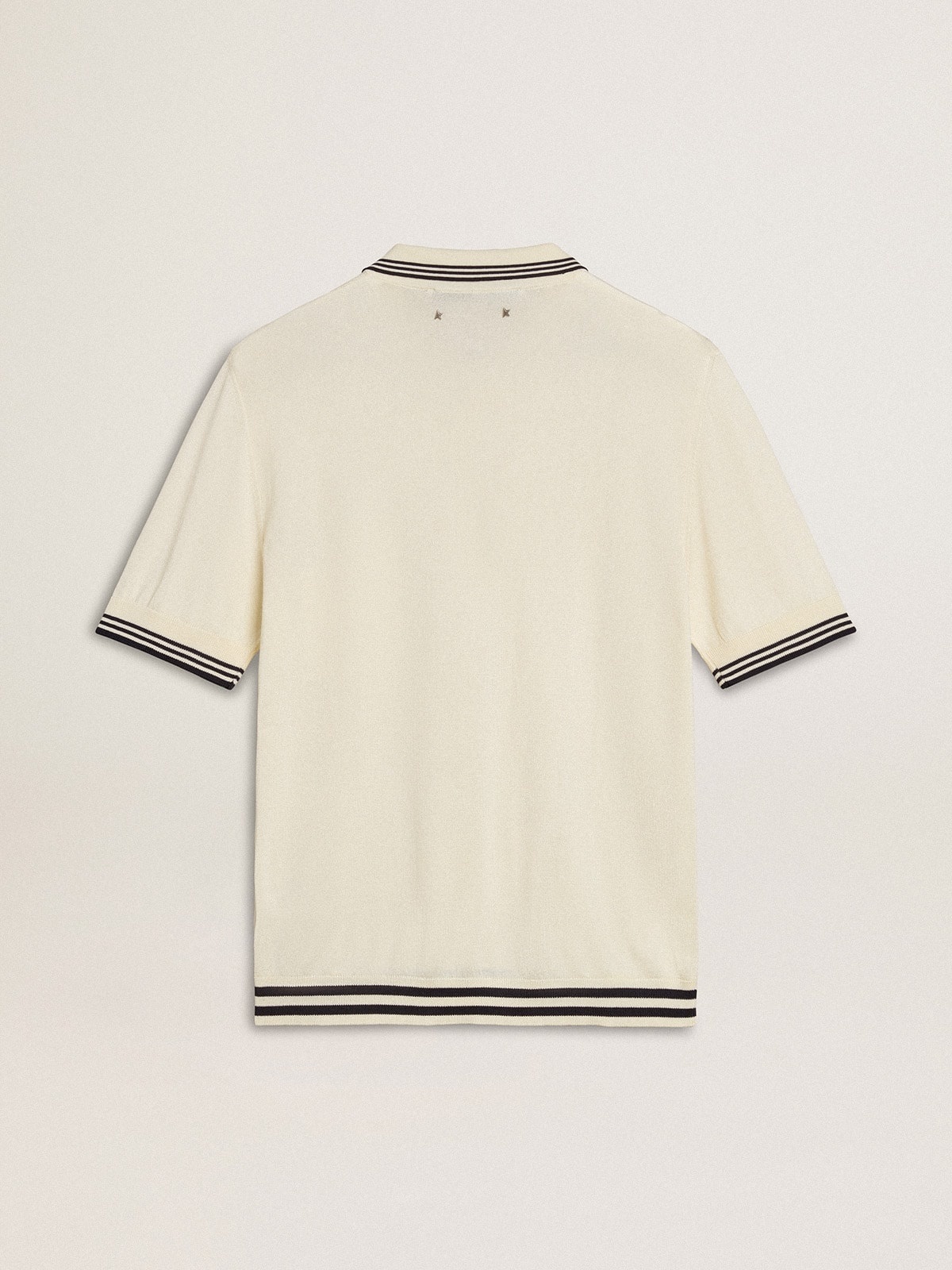 Men's worn-white knitted polo shirt with blue ribbing - 6
