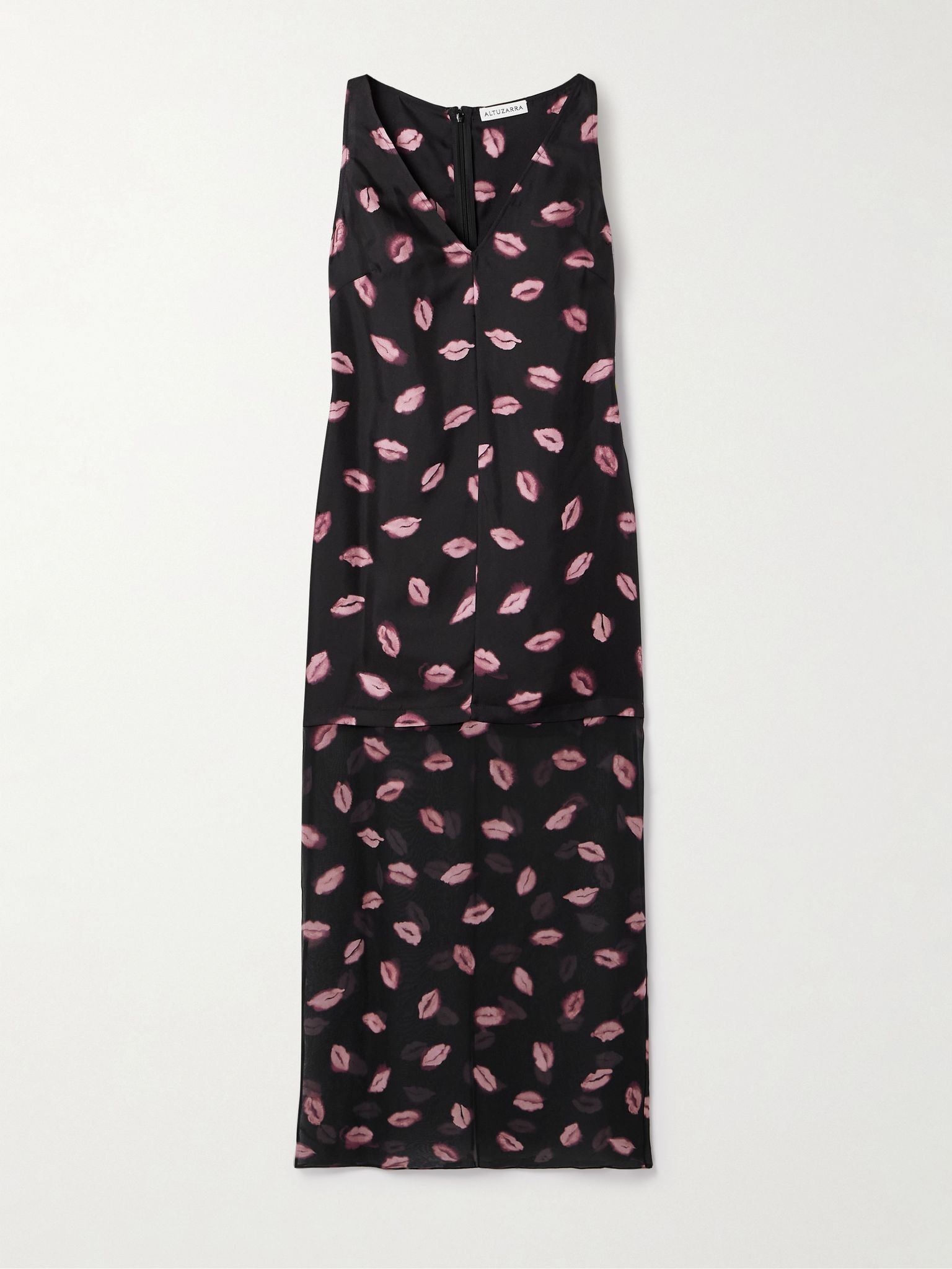 Katrin layered printed silk-twill and chiffon midi dress Black - 1