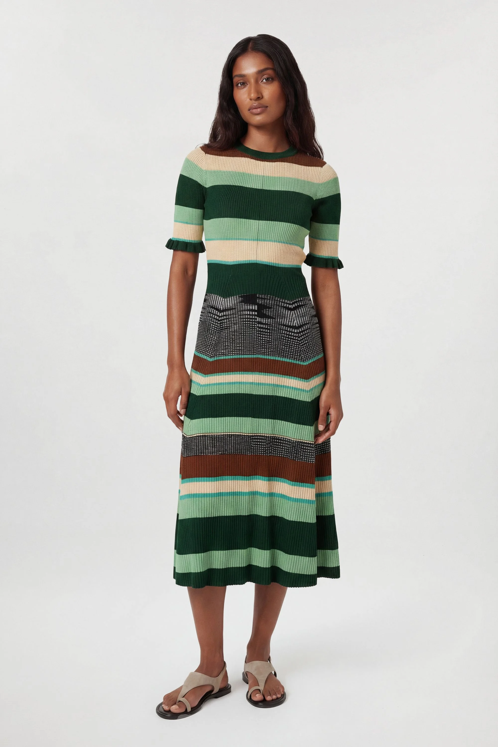 Knit Jacquard Stripe Detail Short Sleeve Midi Dress - 1