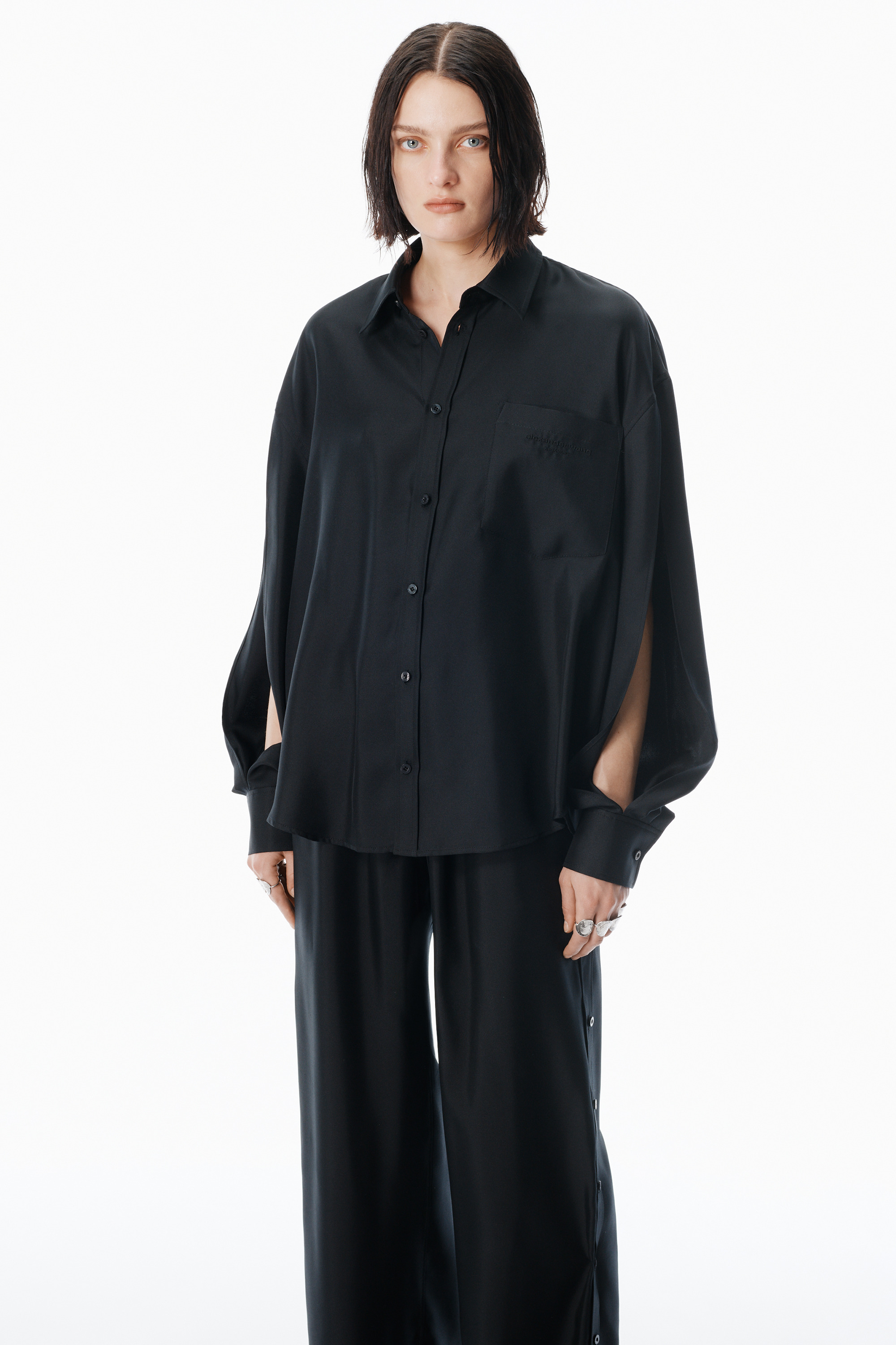 Black Silk Slashed Sleeve Shirt - 4