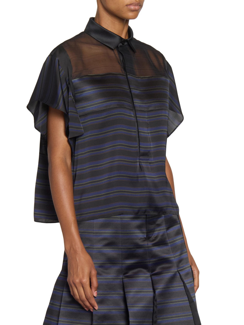 Women's Striped Sheer Yoke Shirt - Black Navy 4