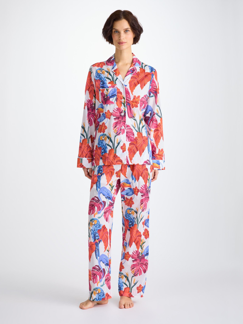 Derek Rose Women's Pajamas Cotton Batiste White Jungle Birds Print outlook