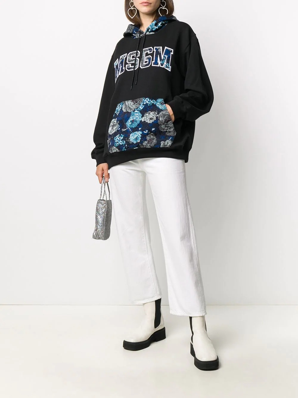 floral-panel oversized logo hoodie - 2