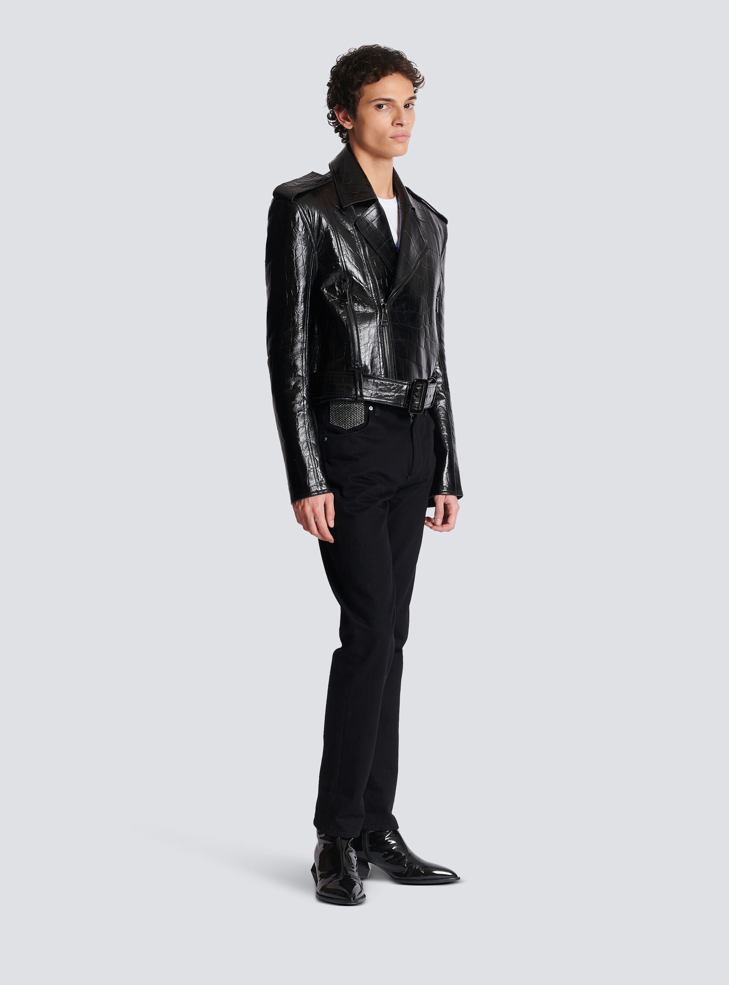 Crocodile-effect leather biker jacket - 3