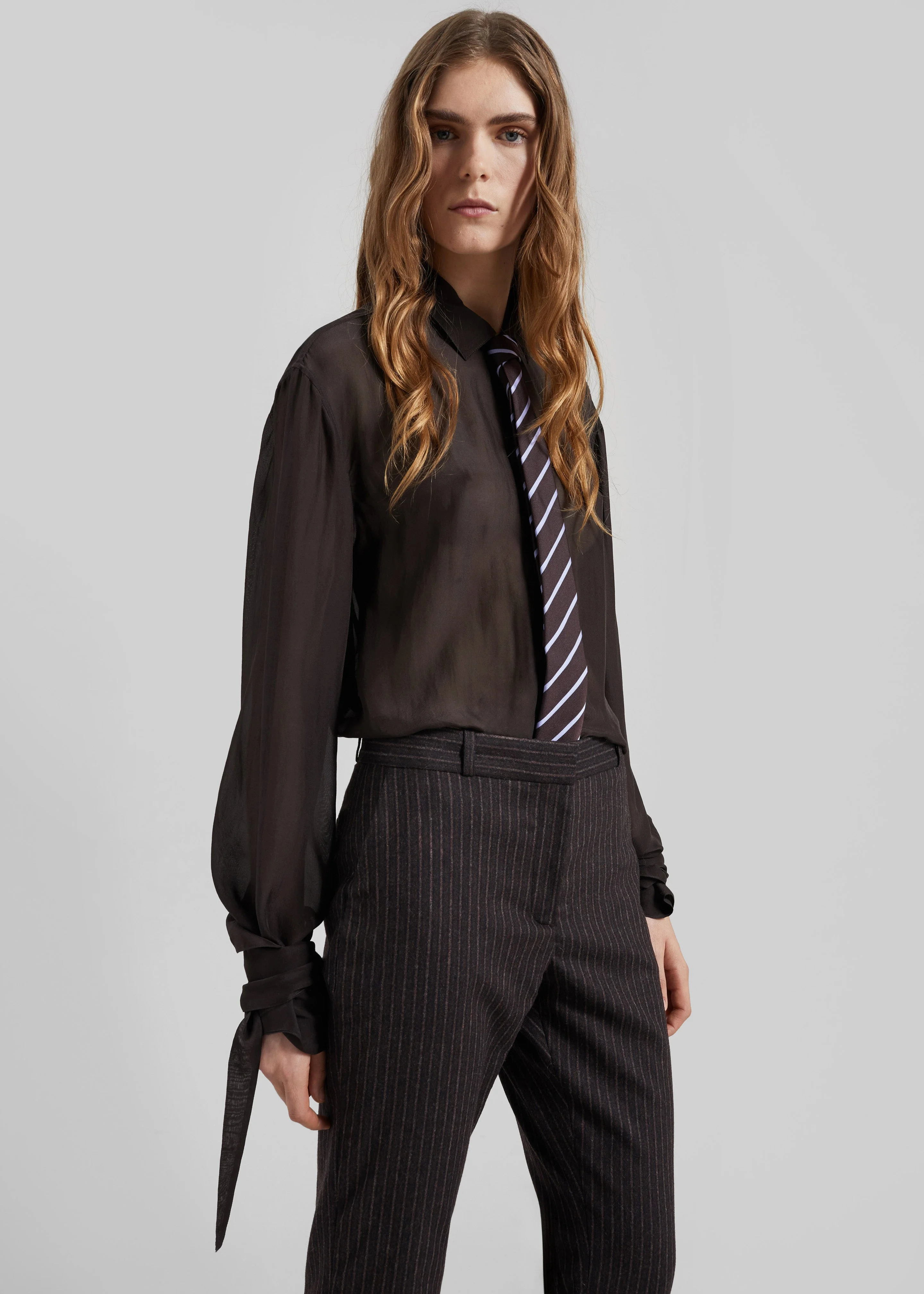 Verlin Sheer Chiffon Tie Cuff Shirt - Dark Brown - 1