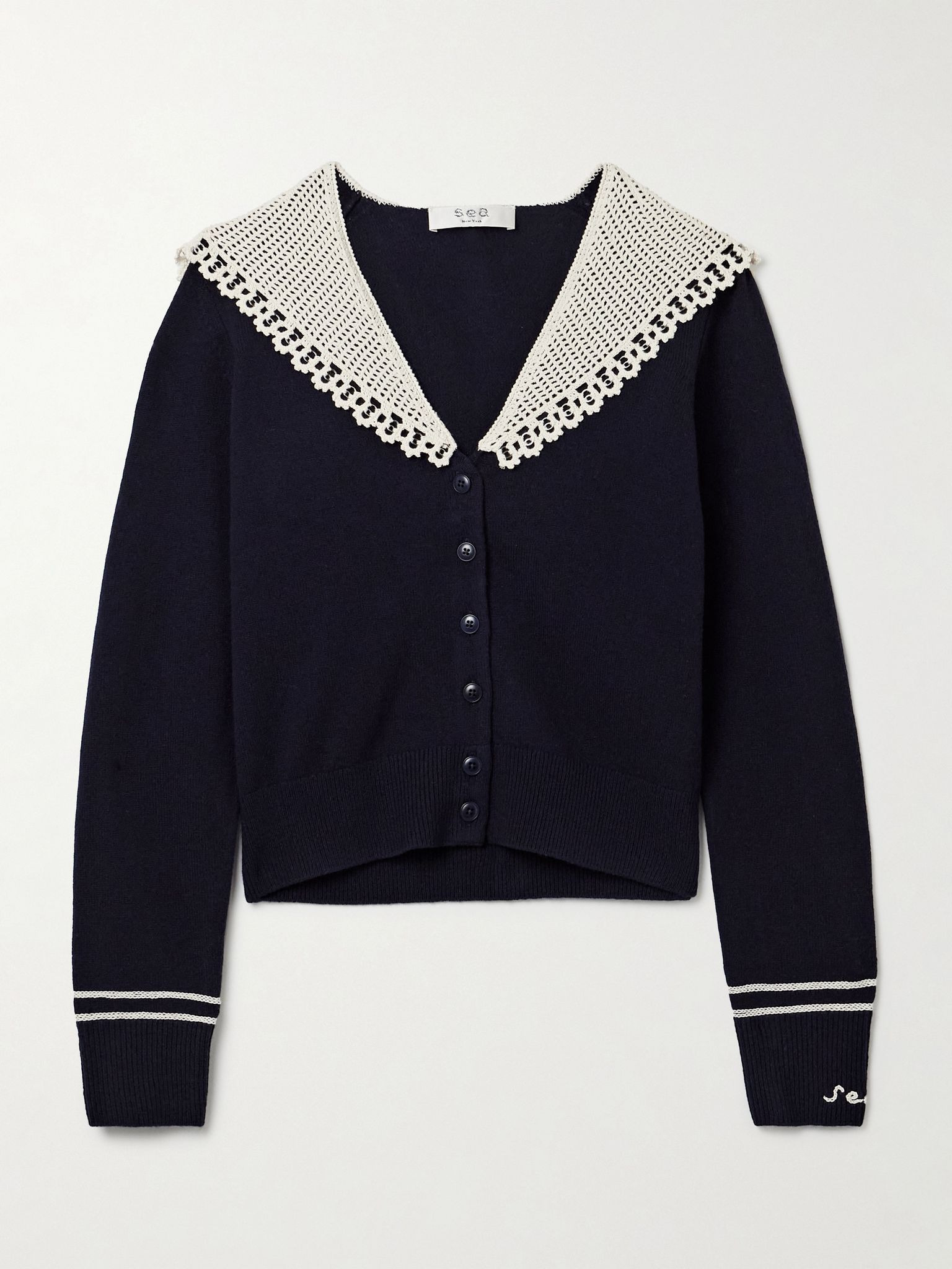 Marie crocheted cotton-trimmed merino wool cardigan Navy - 1