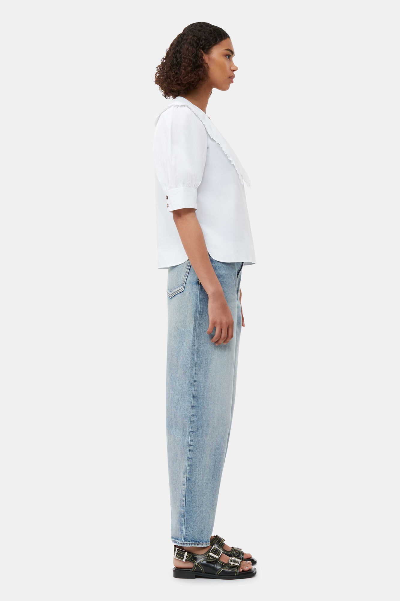 WHITE COTTON POPLIN V-NECK RUFFLE BLOUSE - 4