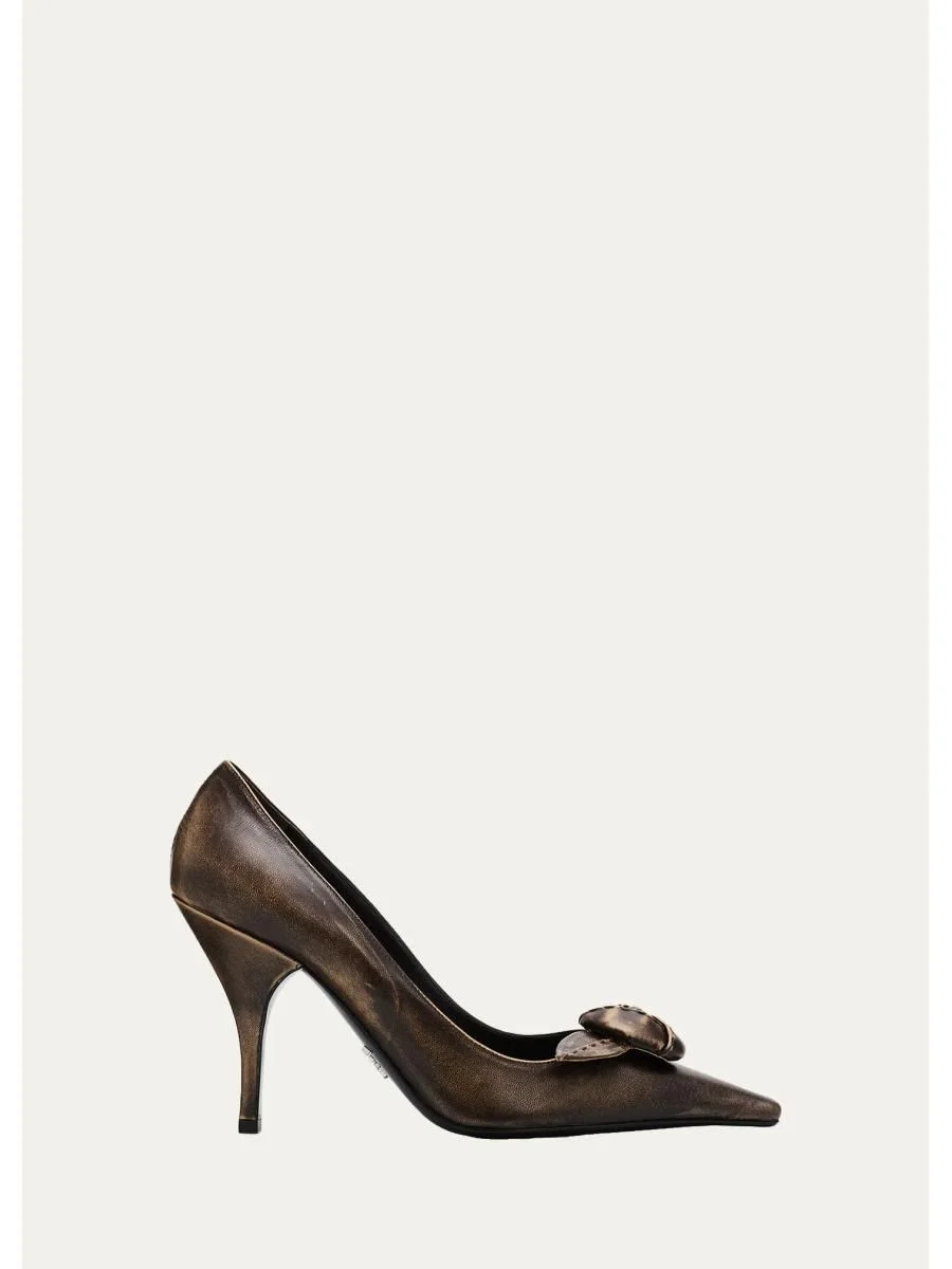 95mm Rosette Distressed Leather Pumps - 1