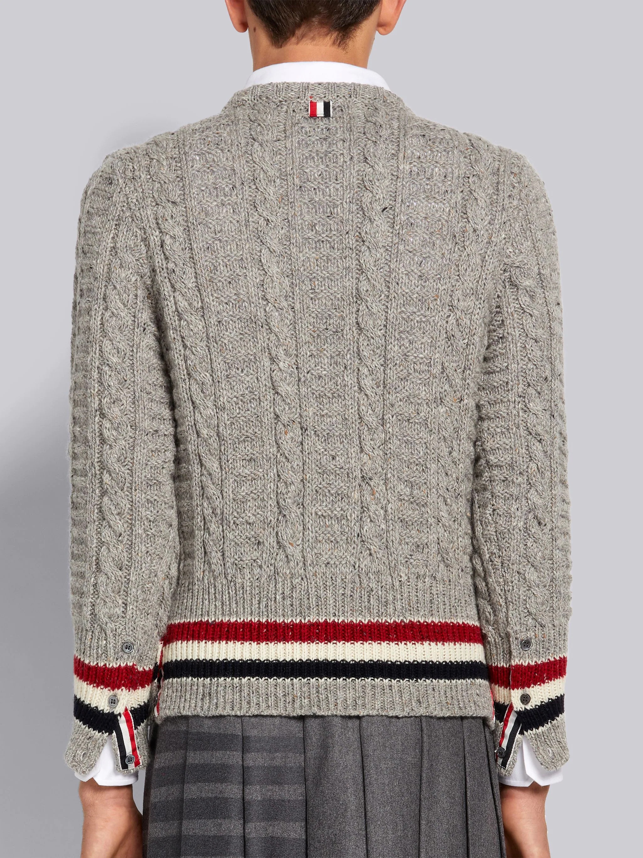 Light Grey Donegal Tweed Filey Stitch Stripe Detail Classic Crew Neck Pullover - 3