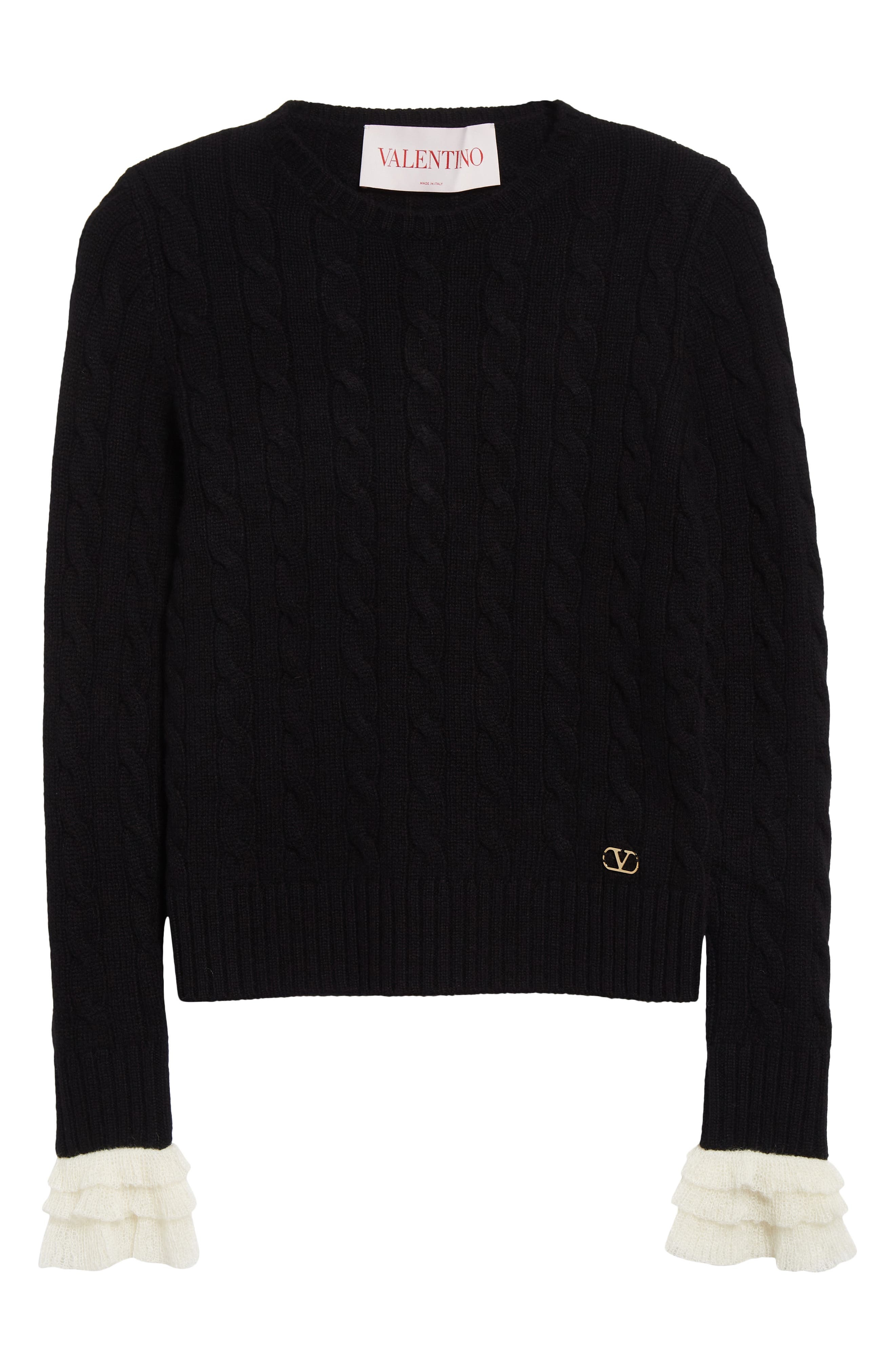 Valentino Garavani Ruffle Cuff Cable Cashmere Sweater in Ivory/Black at Nordstrom - 6