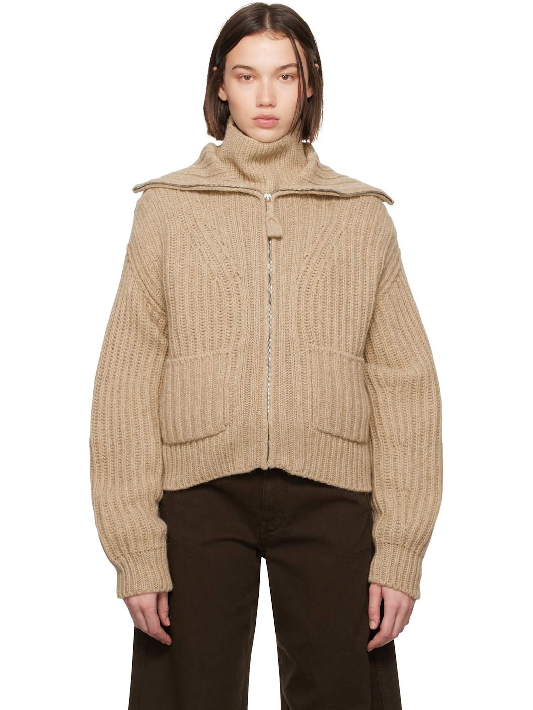 Beige Trucker Collar Zipped Cardigan - 1