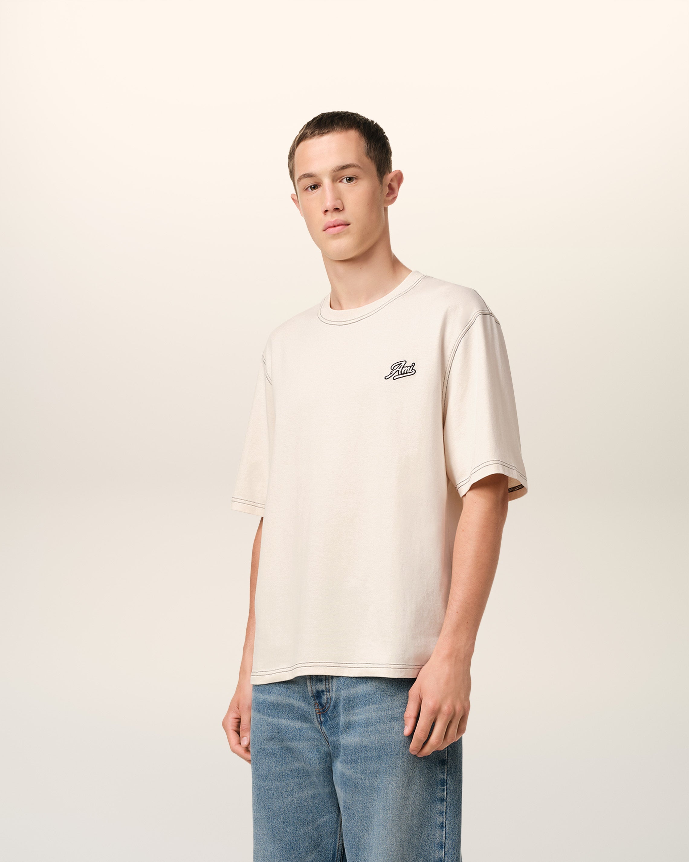 BEIGE COTTON AMI SIGNATURE T-SHIRT - 6