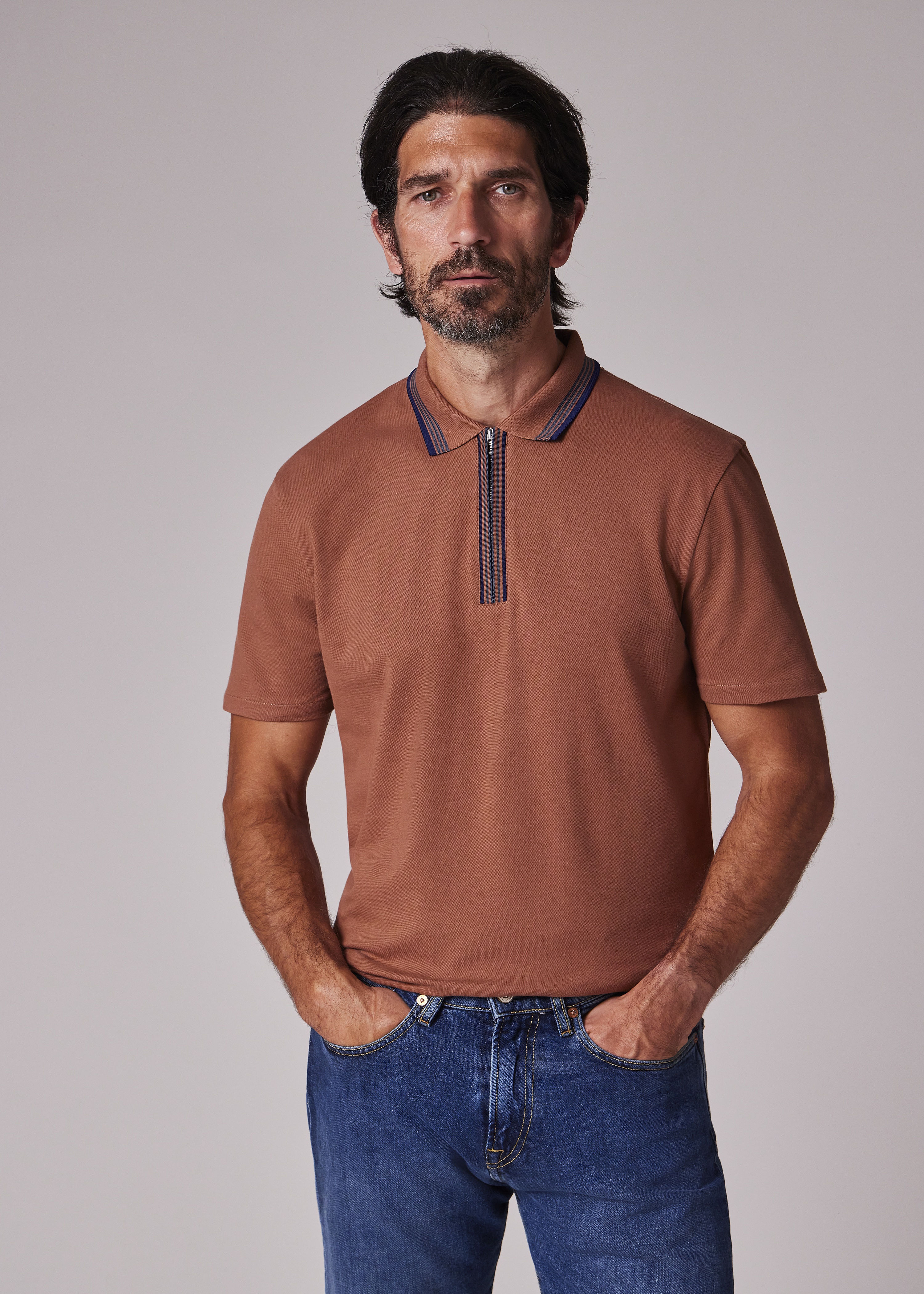 Brown Contrast Tipping Zip-Neck Polo Shirt - 3