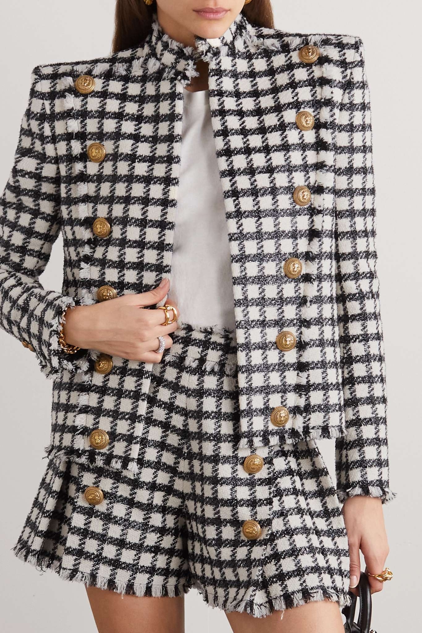 Button-embellished checked metallic wool-blend tweed jacket - 3