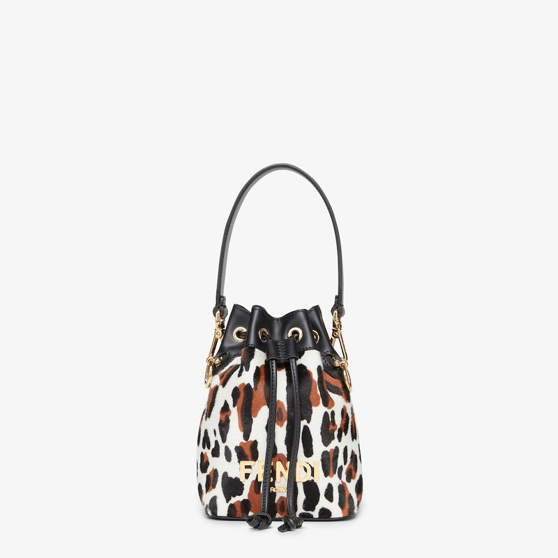 Small Mon Tresor bucket bag made of animal print sheepskin with gold-color metallic FENDI ROMA lette 1