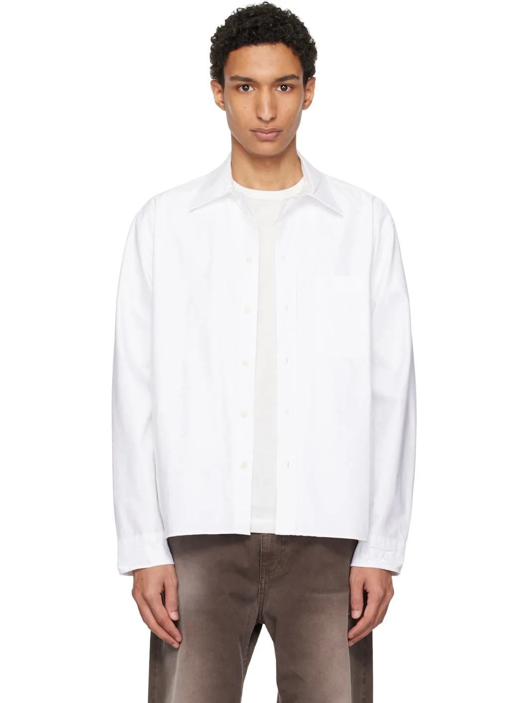 White Modern-Cut Cotton Oxford Long Sleeve Shirt - 1
