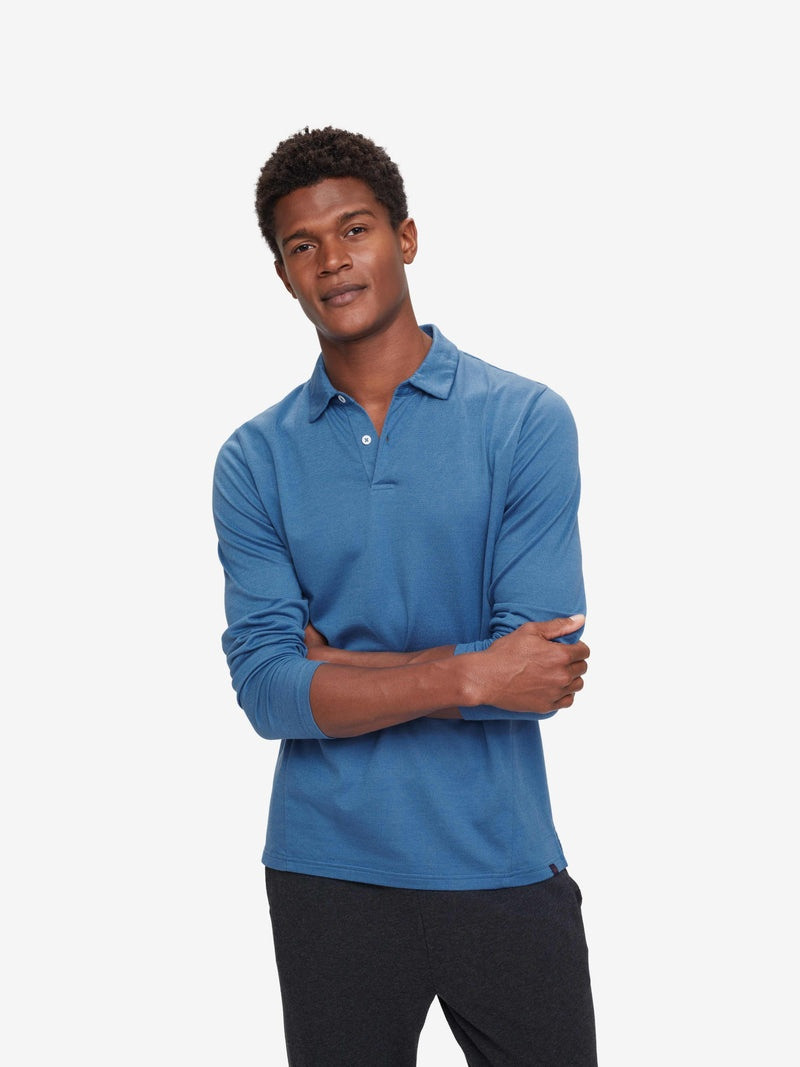 Men's Long Sleeve Polo Shirt Ramsay 3 Pique Cotton Tencel Blue 2