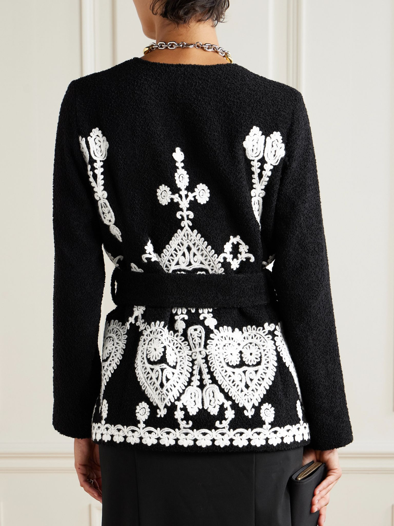 Elbaite belted embroidered wool-blend bouclé jacket Black - 4
