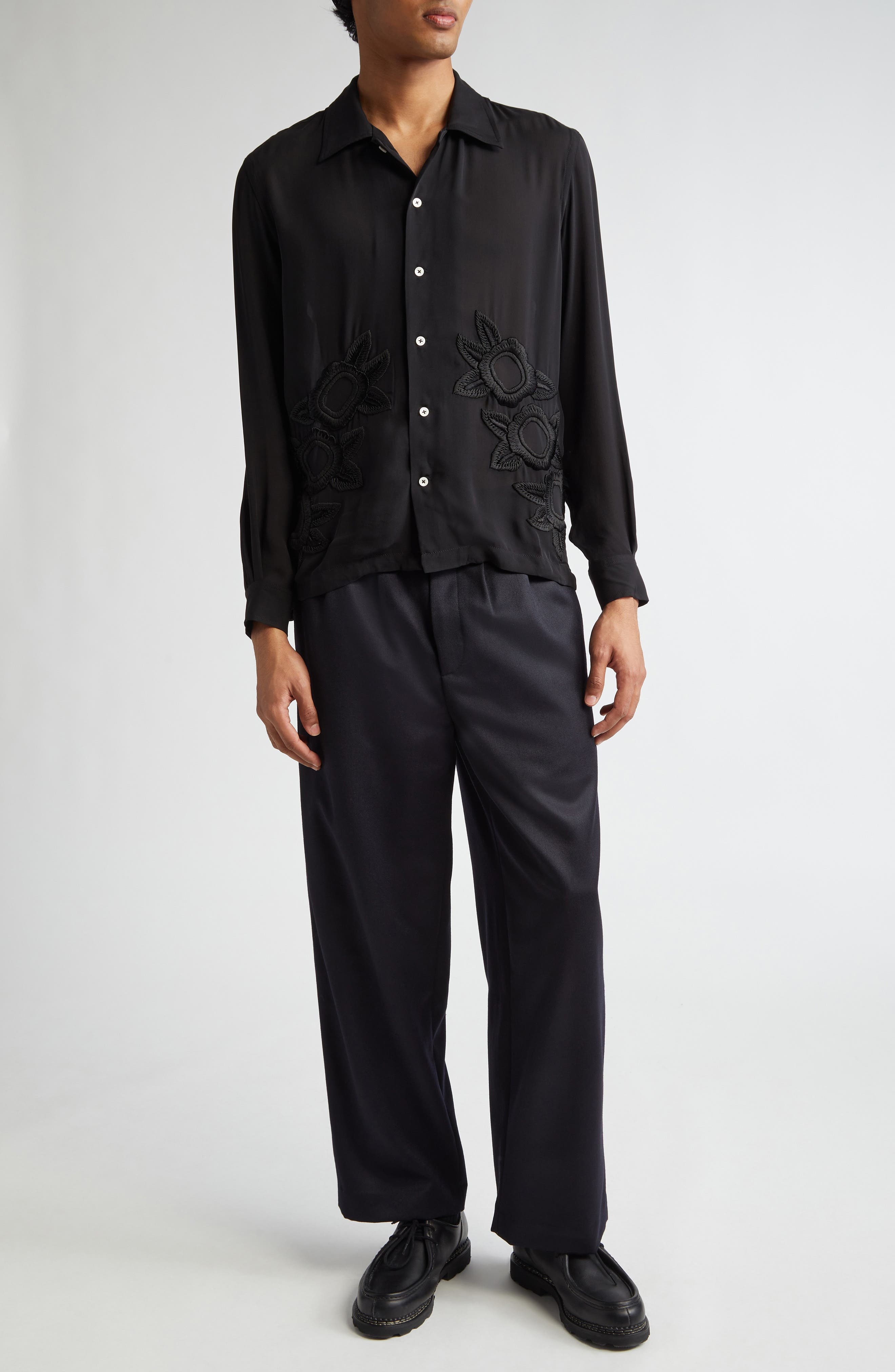 Bode Midnight Daffodil Long Sleeve Silk Button-Up Shirt in Black at Nordstrom - 2