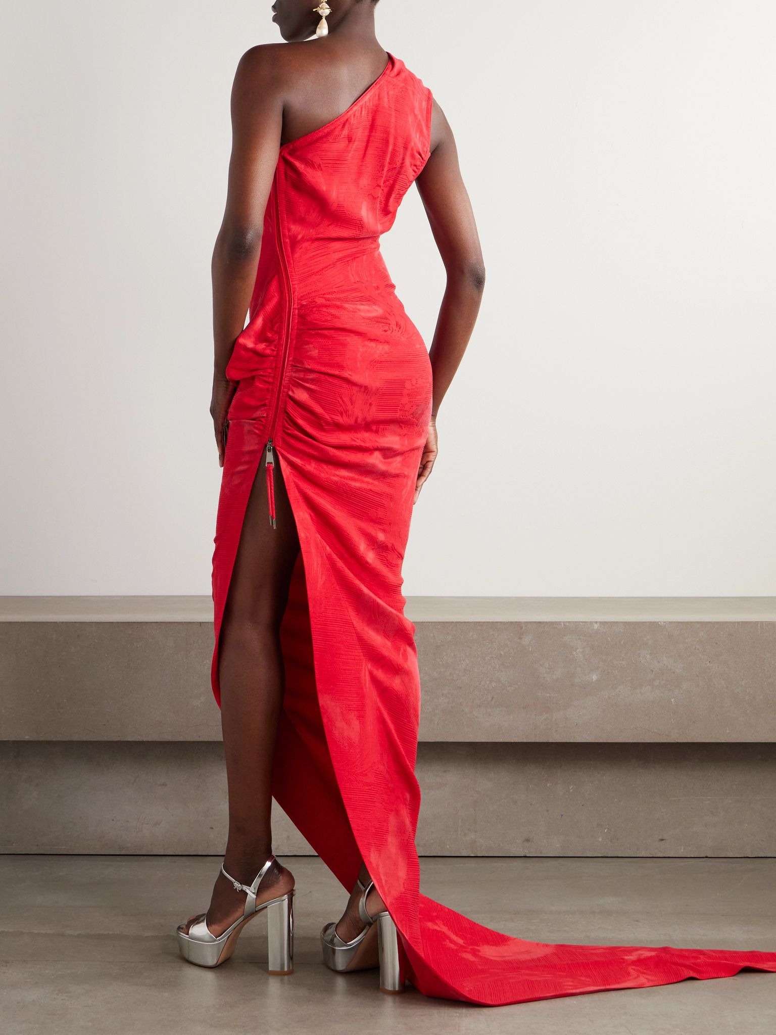 Andreas one-shoulder gathered jacquard gown Red - 3