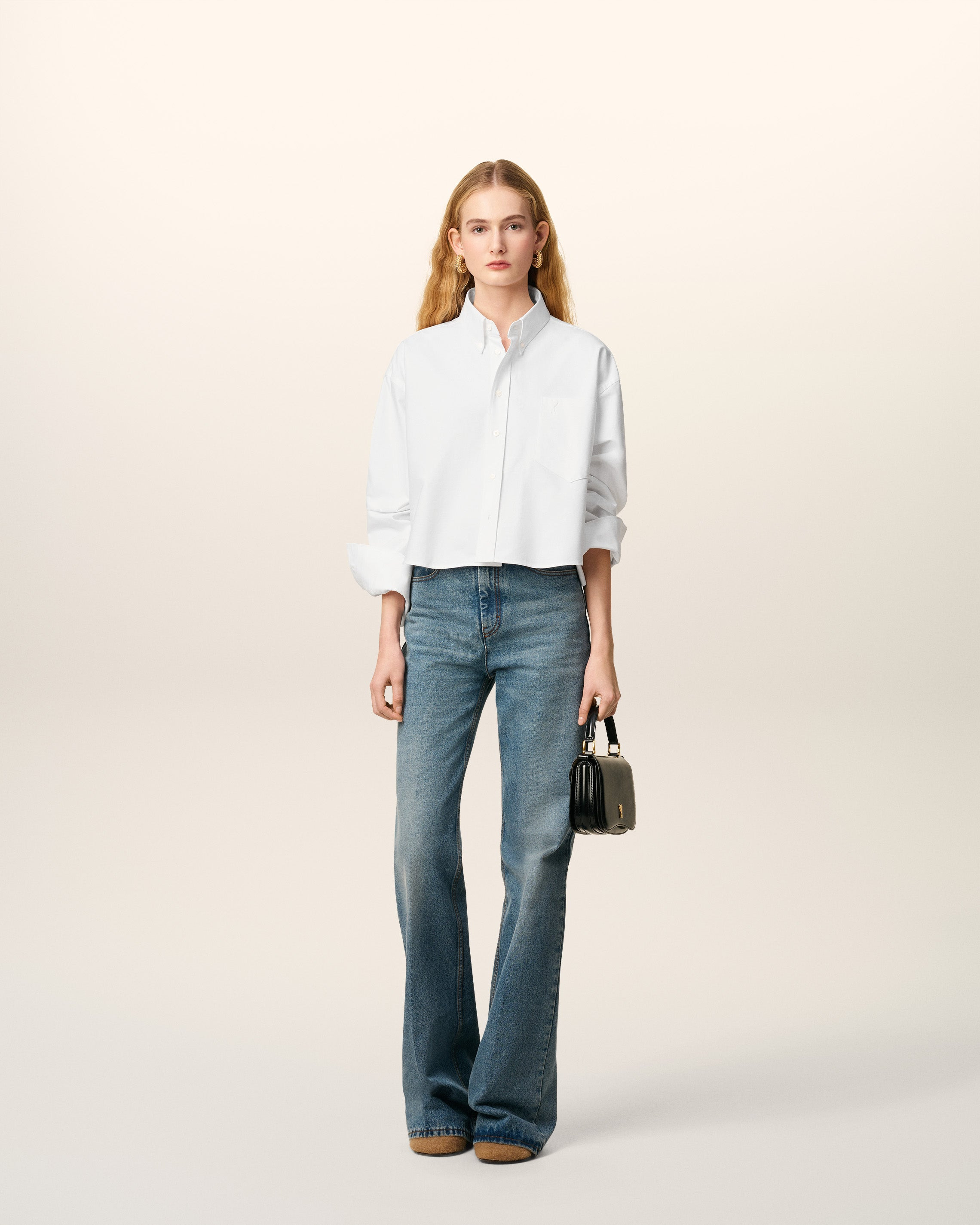 WHITE COTTON AMI DE COEUR CROPPED OVERSIZED SHIRT - 8