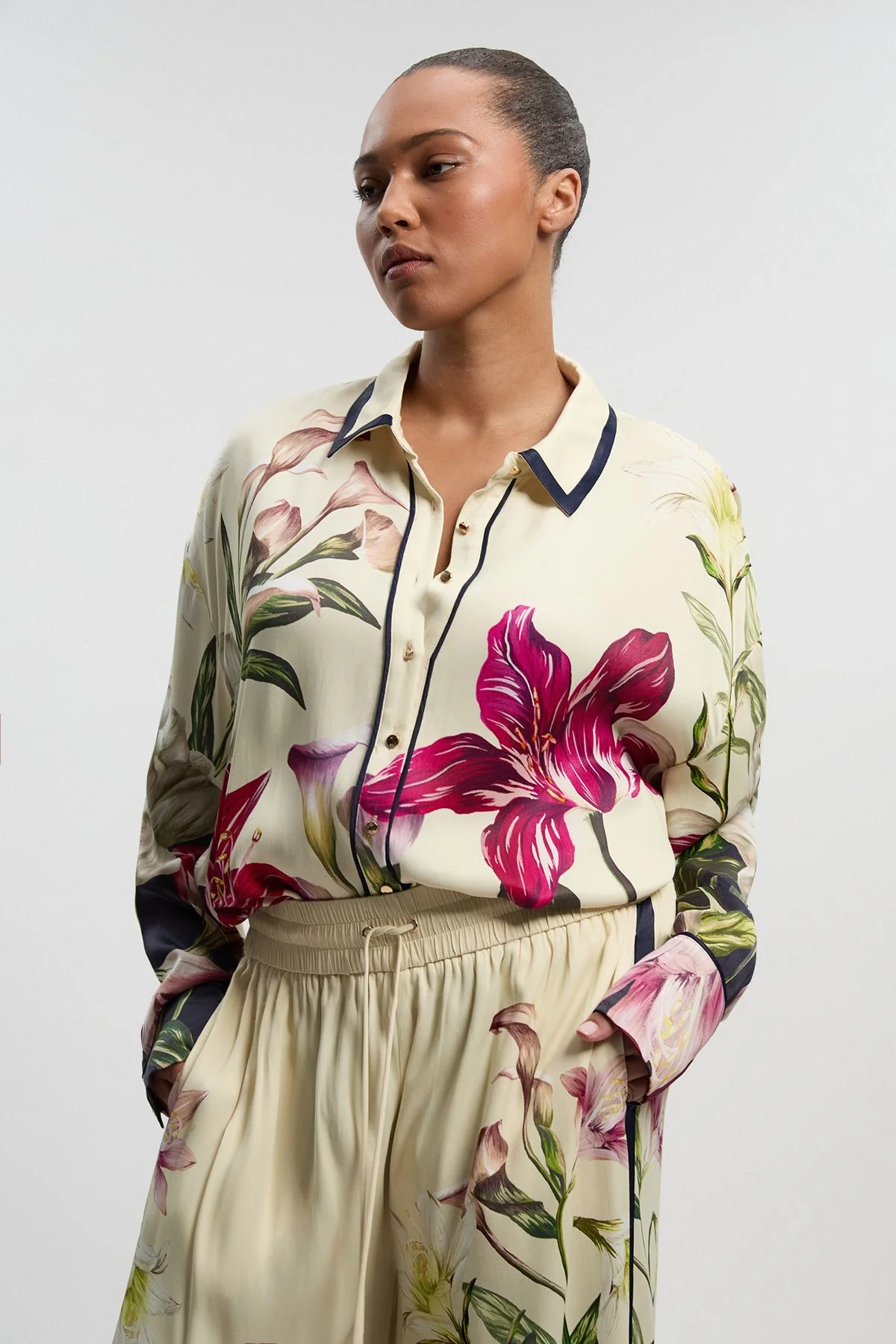 Plus Size Viscose Satin Floral Print Oversized Woven Shirt - 1