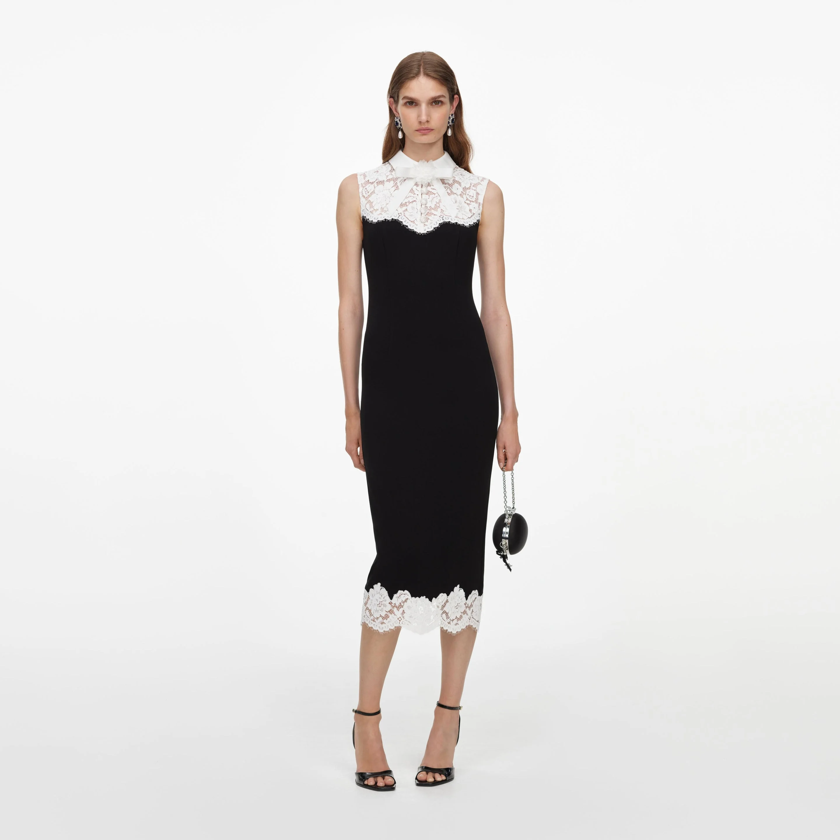 Black Contrast Lace Bodice Midi Dress - 1