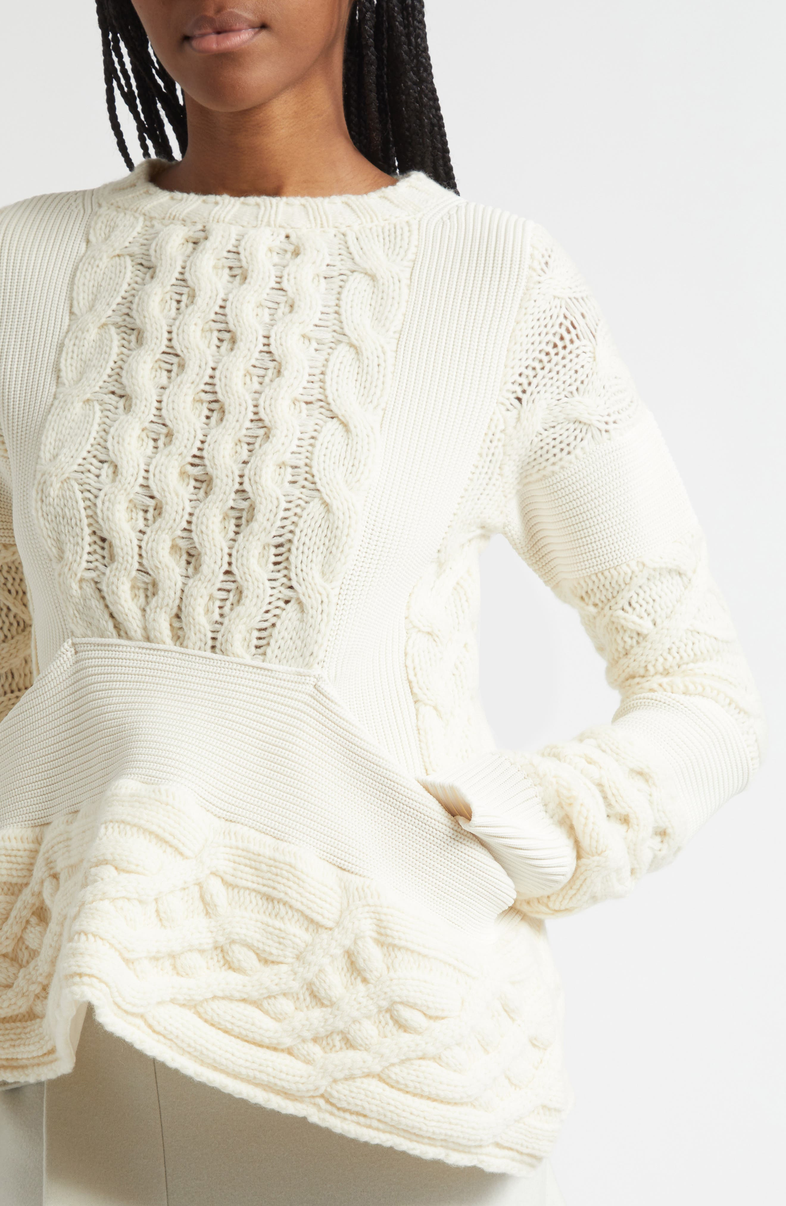 Sacai Cable Knit Peplum Sweater in Off White at Nordstrom - 5